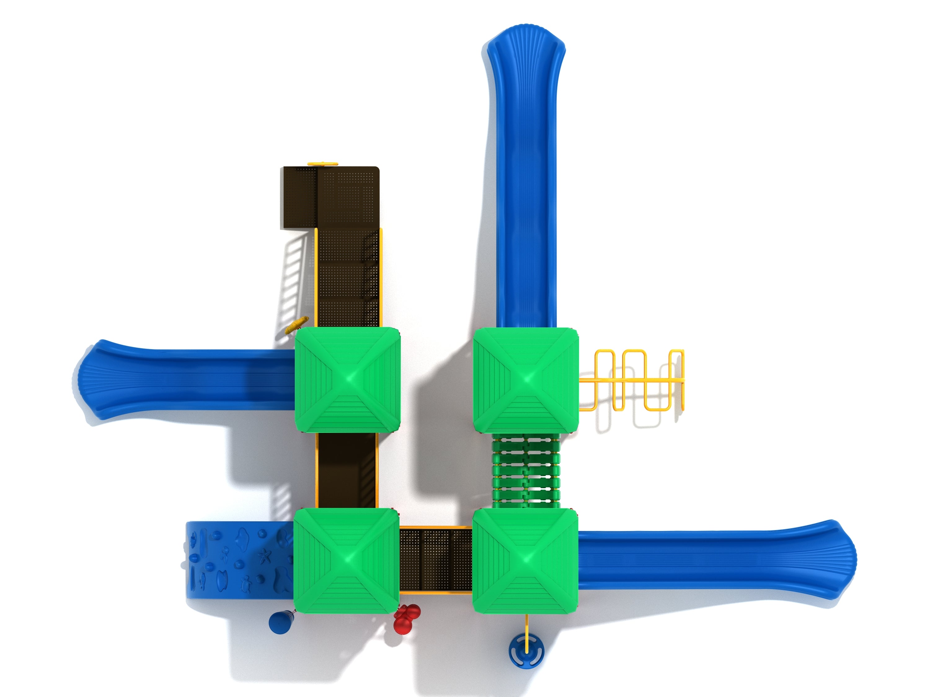 Overhead view of large playground structure with four green roofs, blue slides, climbing wall, and yellow climbing bars