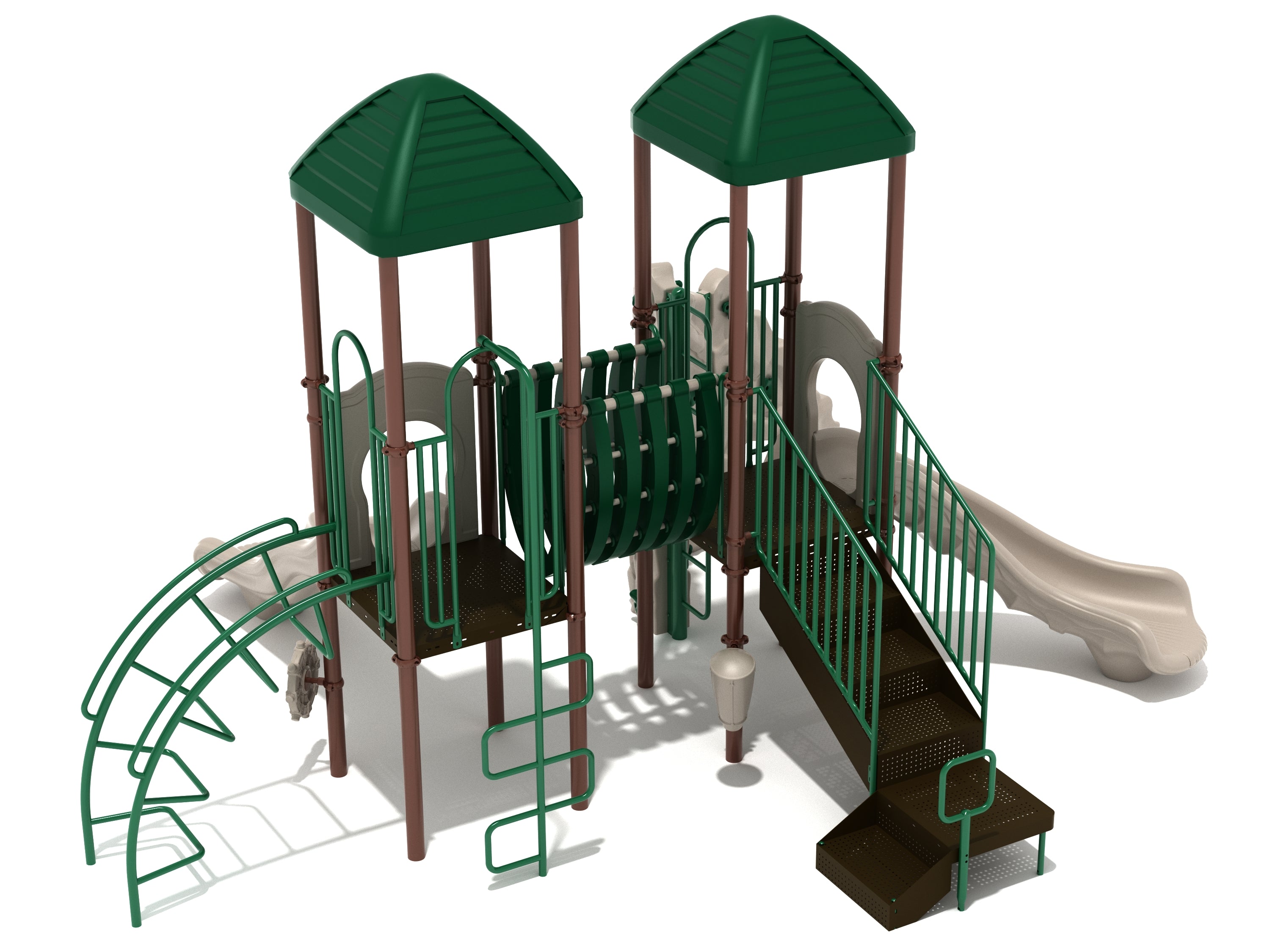 Neutral-toned playground with two green-roofed towers, slides, climbing bars, curved bridge, and interactive play elements