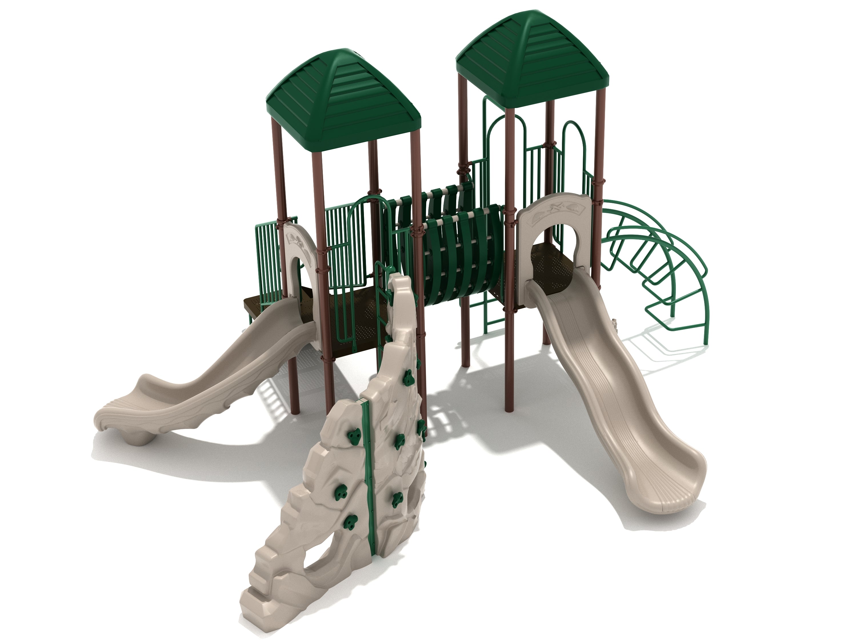 Peak District Play System playground set with dual towers, two beige slides, rock climbing wall, arched ladder, and tunnel bridge in neutral tones