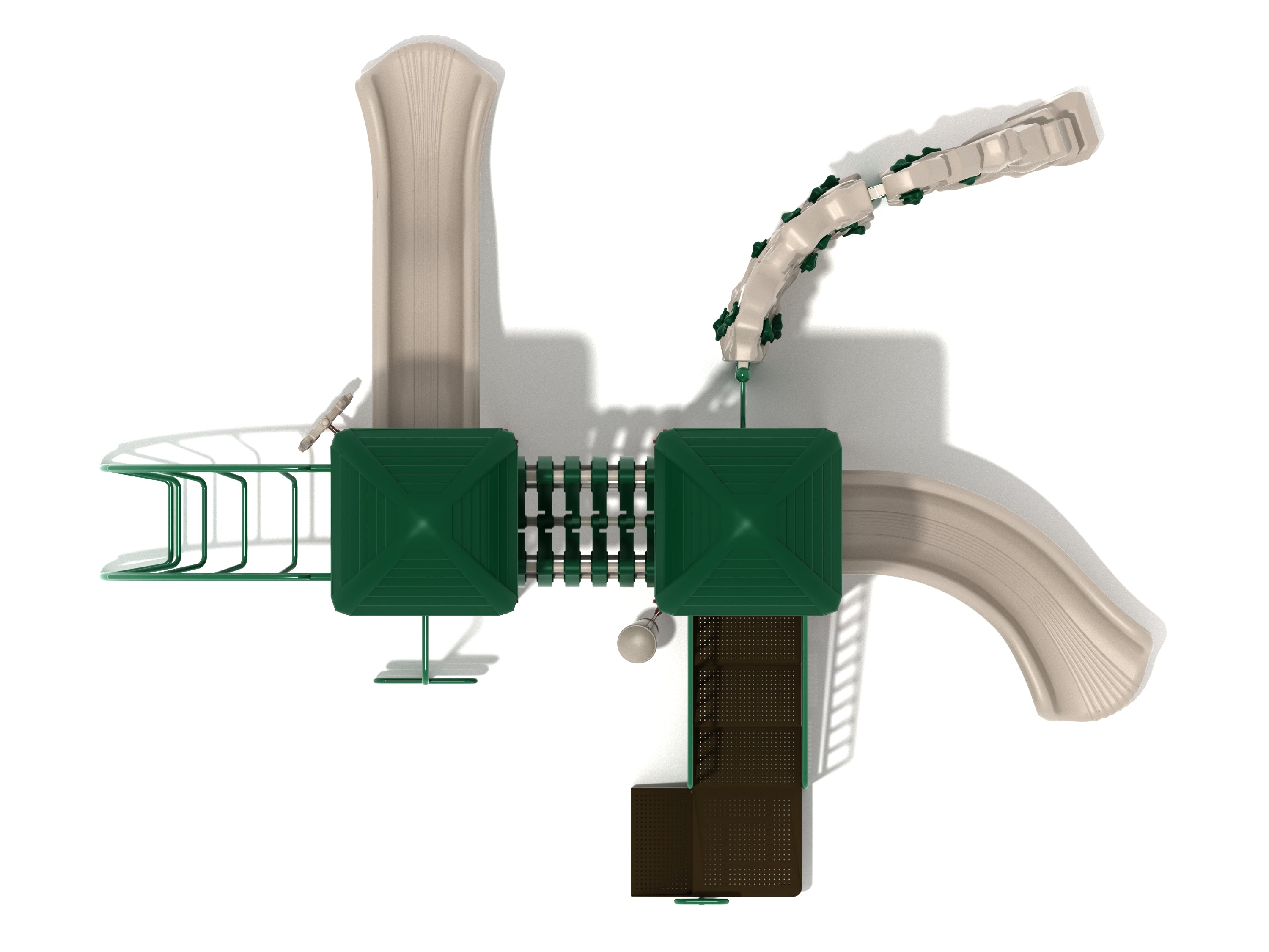Overhead view of a large playground structure with two green roofs, multiple slides, climbing elements, and activity panels