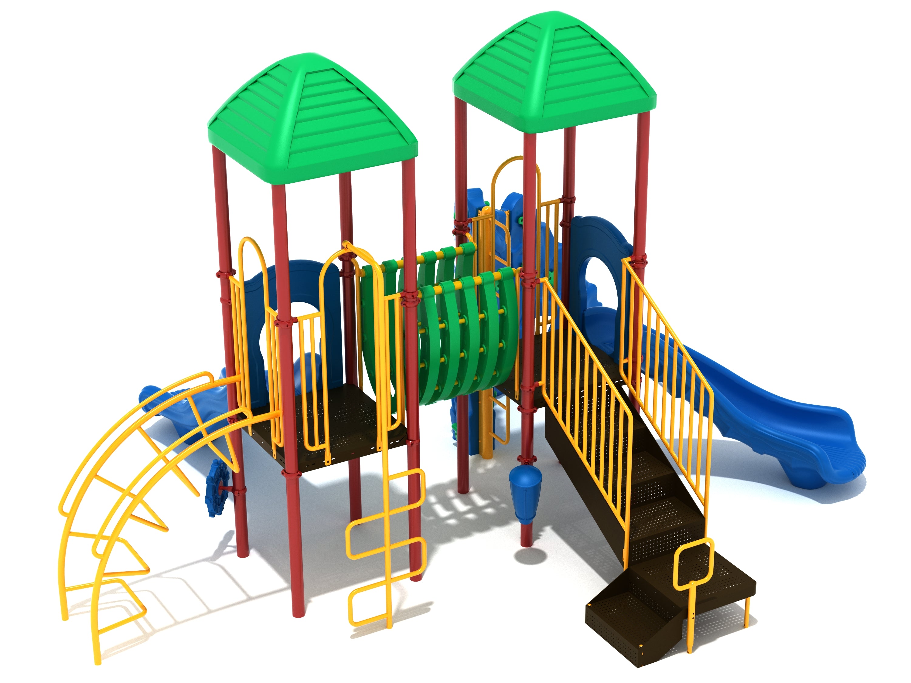 Colorful playground structure with two green roofs, blue wave and right-turn slides, yellow climbing bars, green tunnel, and interactive play elements