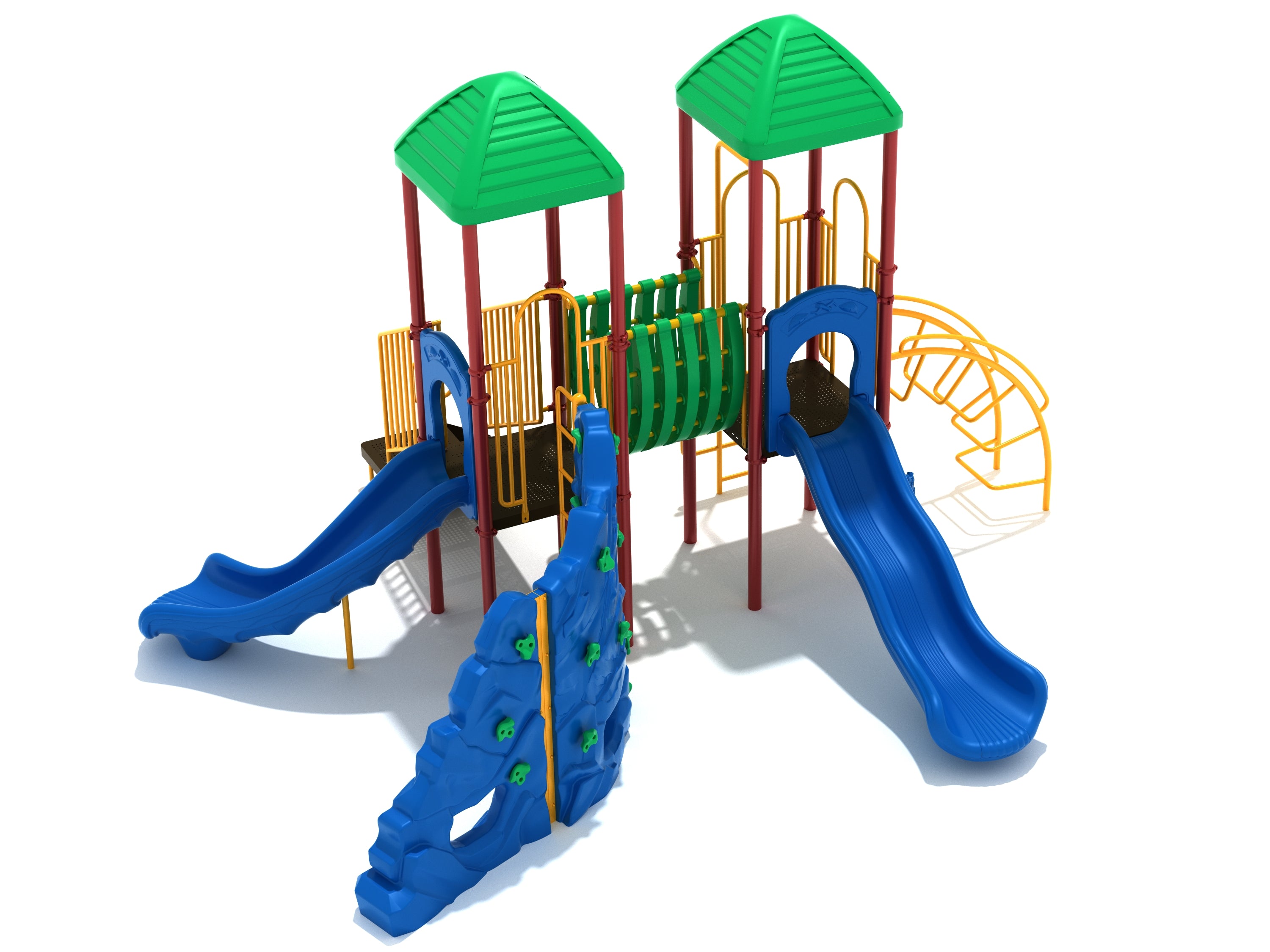 Colorful playground structure with two green roofs, blue wave and turn slides, climbing walls, tunnel bridge, and yellow climbing bars