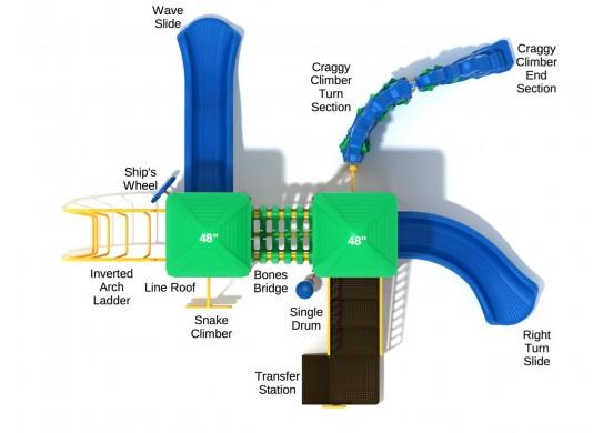 Overhead view of colorful playground with slides, climbers, bridge, ship's wheel, and shaded roof
