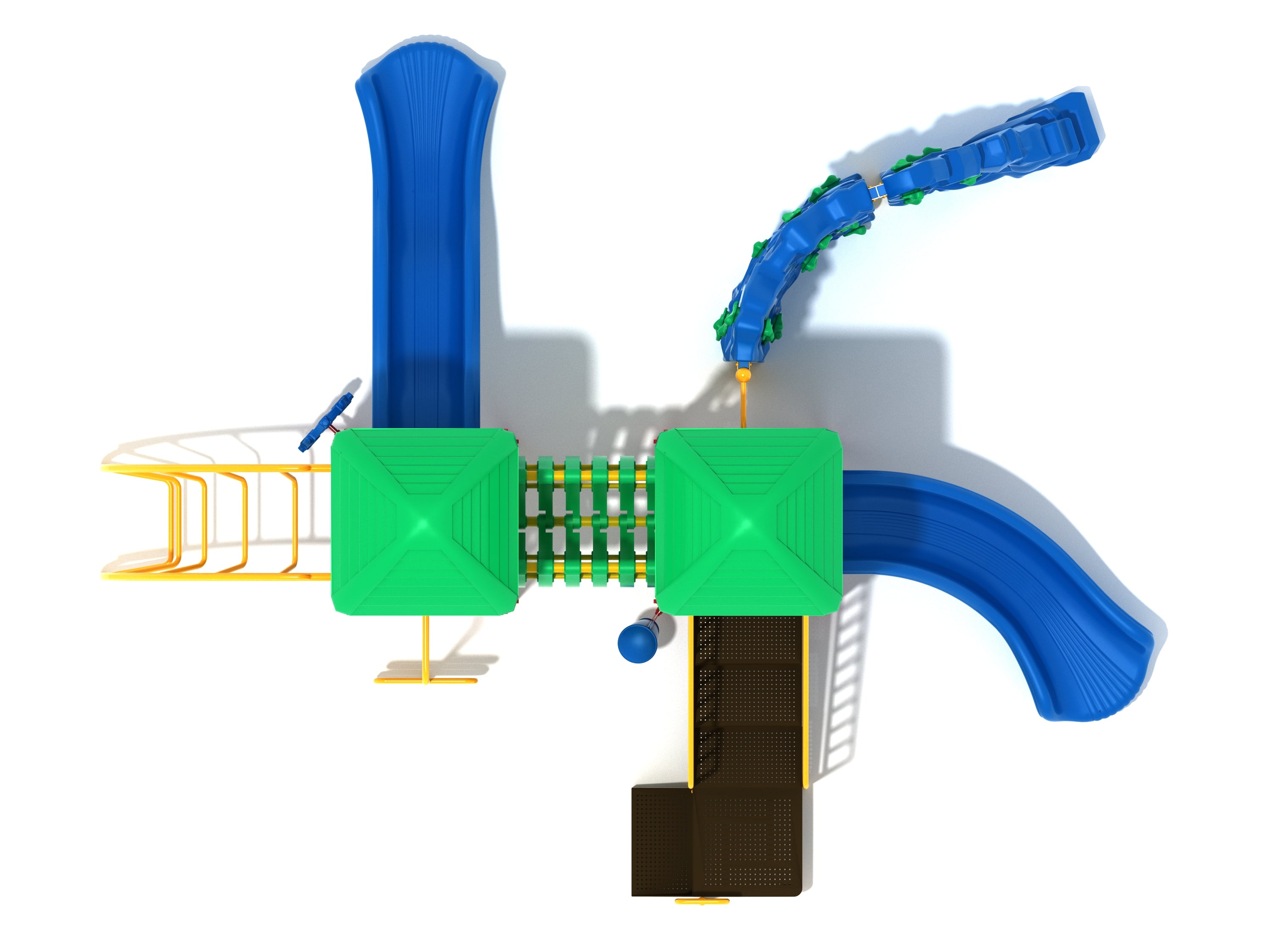 Overhead view of colorful playground with two green roofs, blue slides, climbing elements, yellow railings, and activity panels