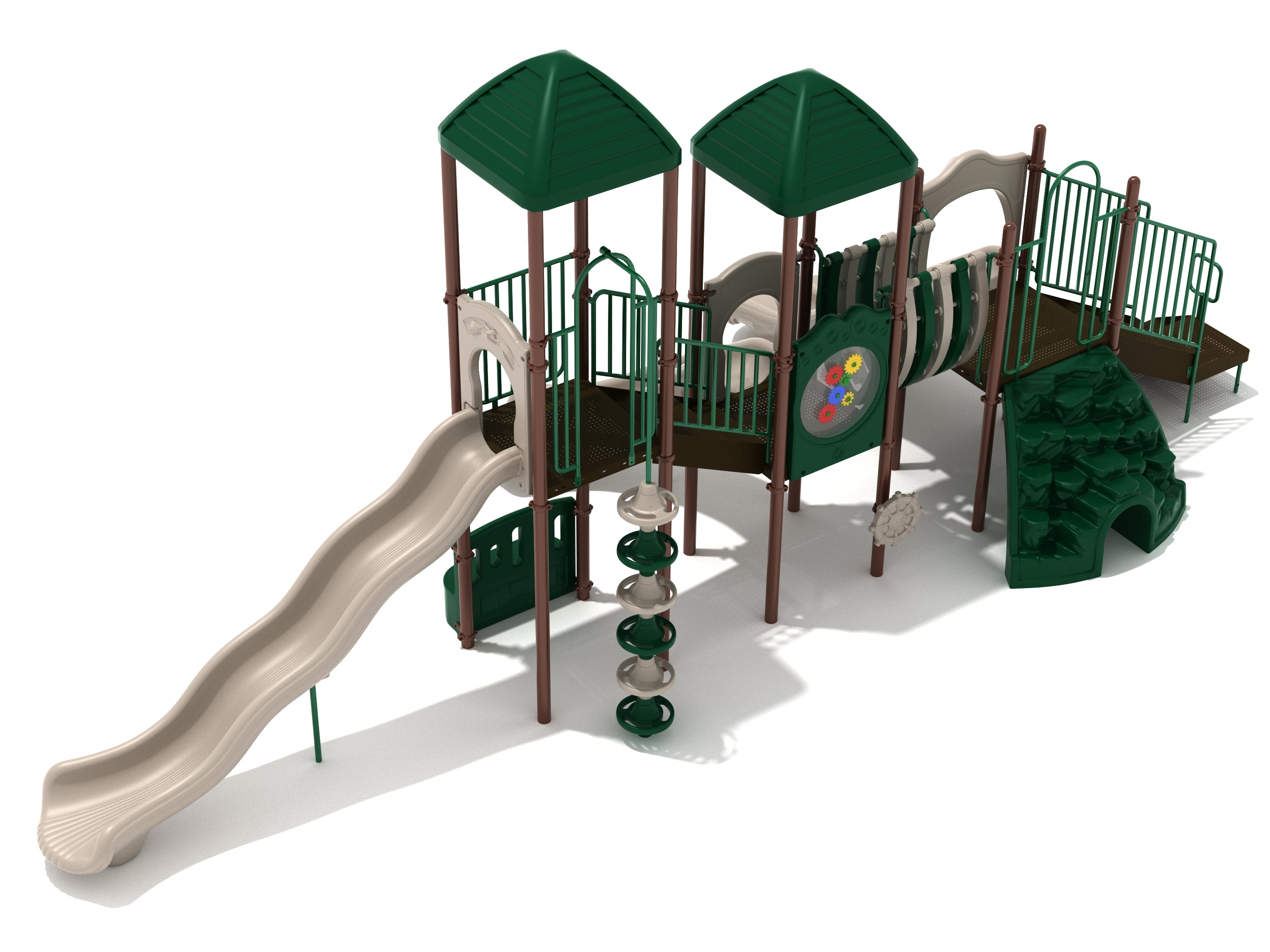 Playground structure with two green roofs, beige wave slide, climbing wall, tunnel, and interactive gear panel