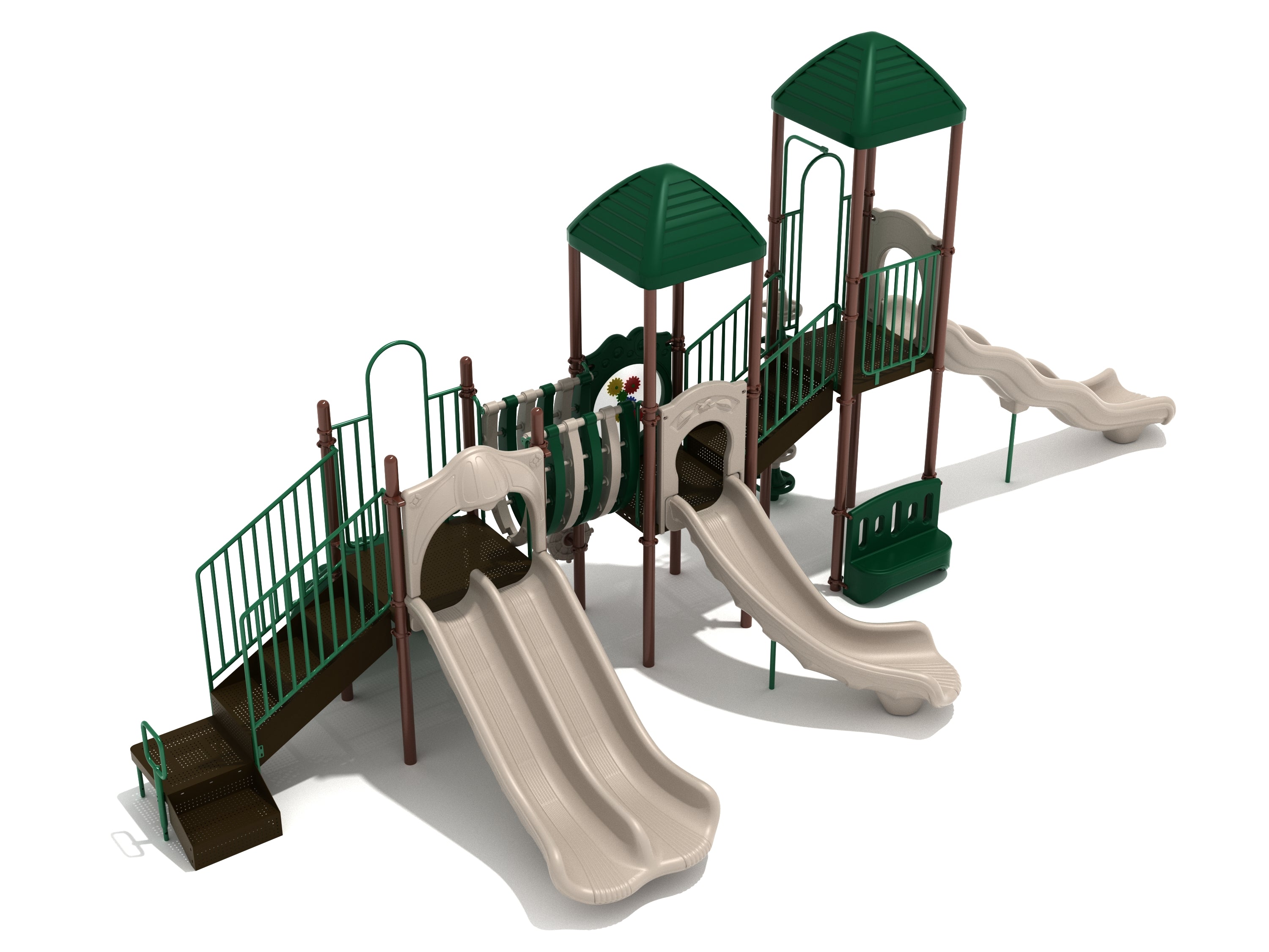 Playground structure with three beige slides, green roofs, brown posts, green railings, climbing panels, and play features
