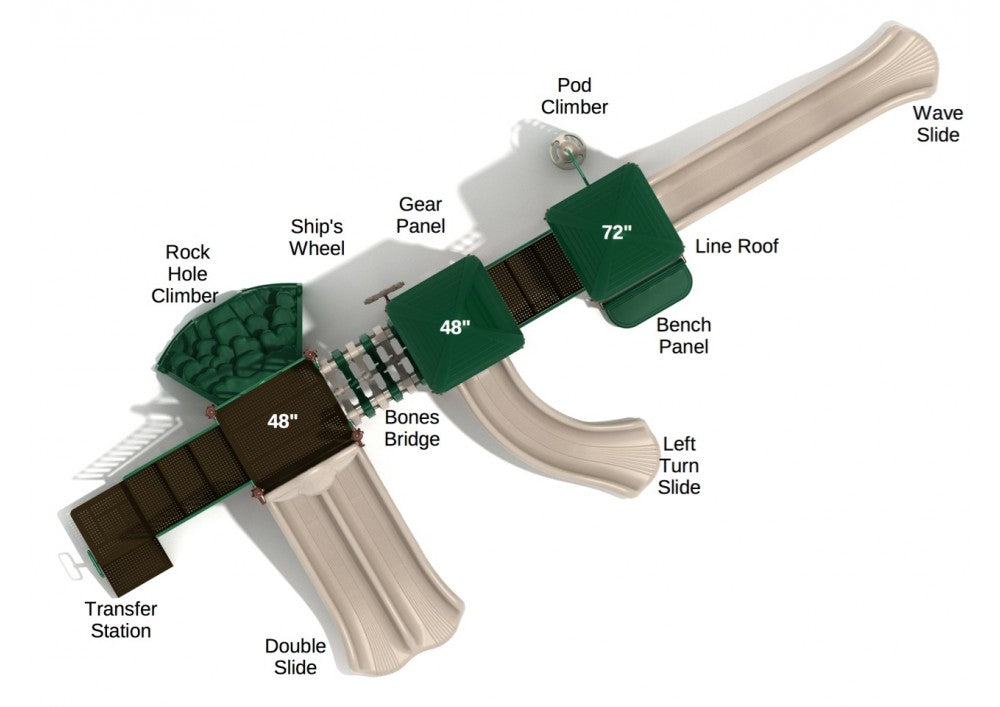 Overhead view of a large playground structure with multiple slides, climbers, bridges, shaded platforms, and interactive panels