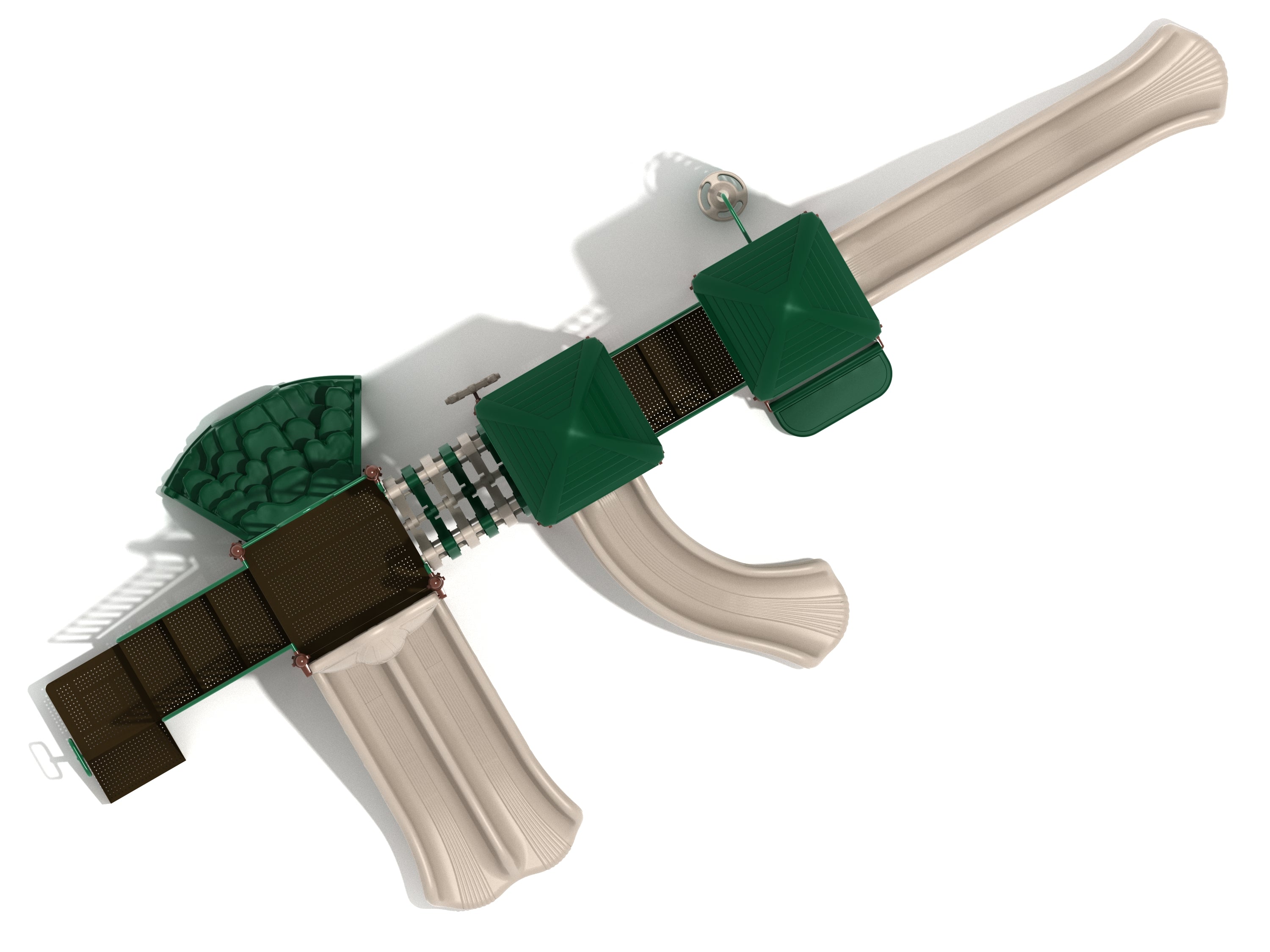 Overhead view of a large playground structure with three beige slides, green roofs, climbing elements, and activity panels