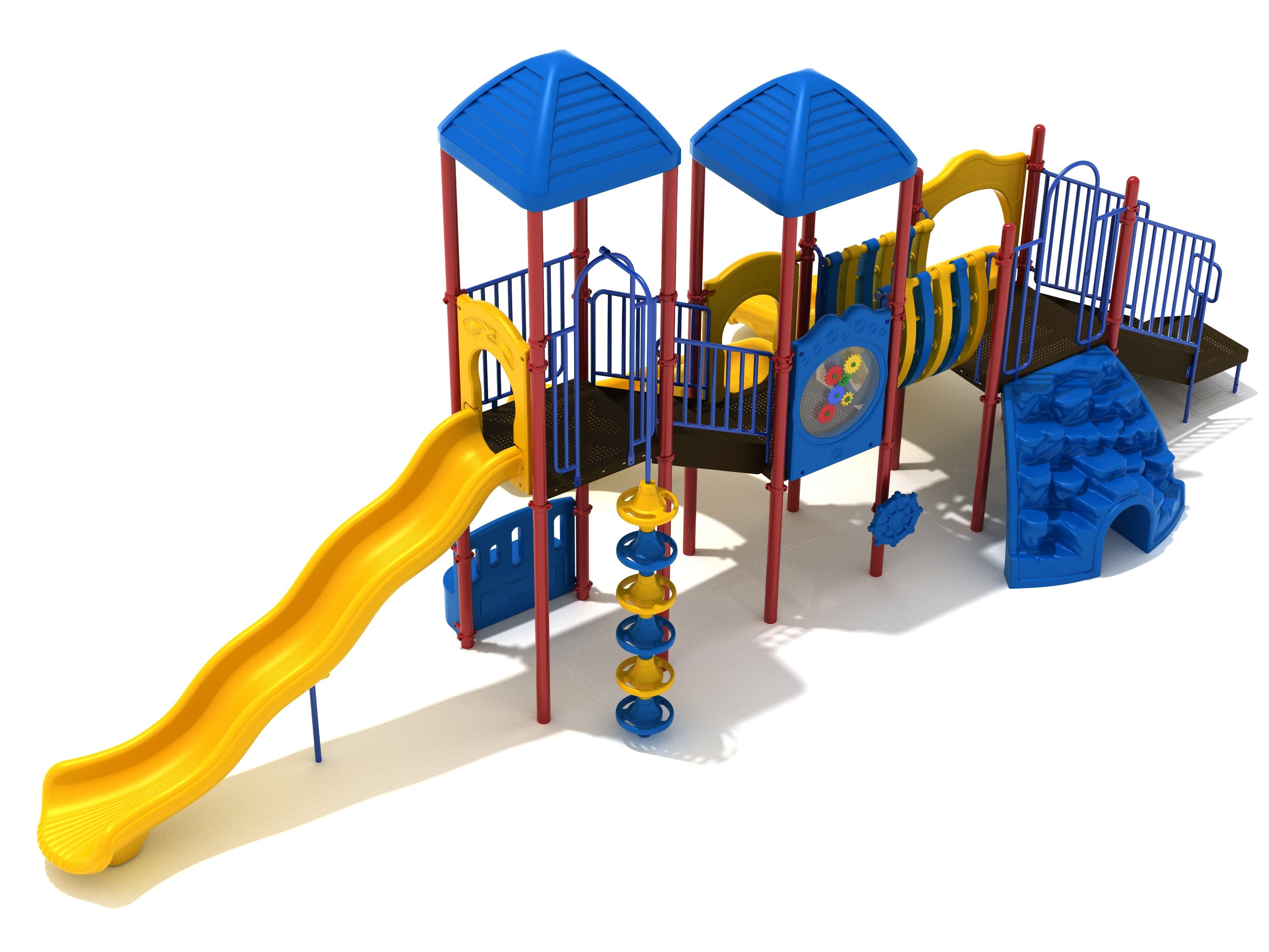 Colorful playground structure with two blue roofs, yellow slides, climbing wall, spiral climber, and interactive gear panel