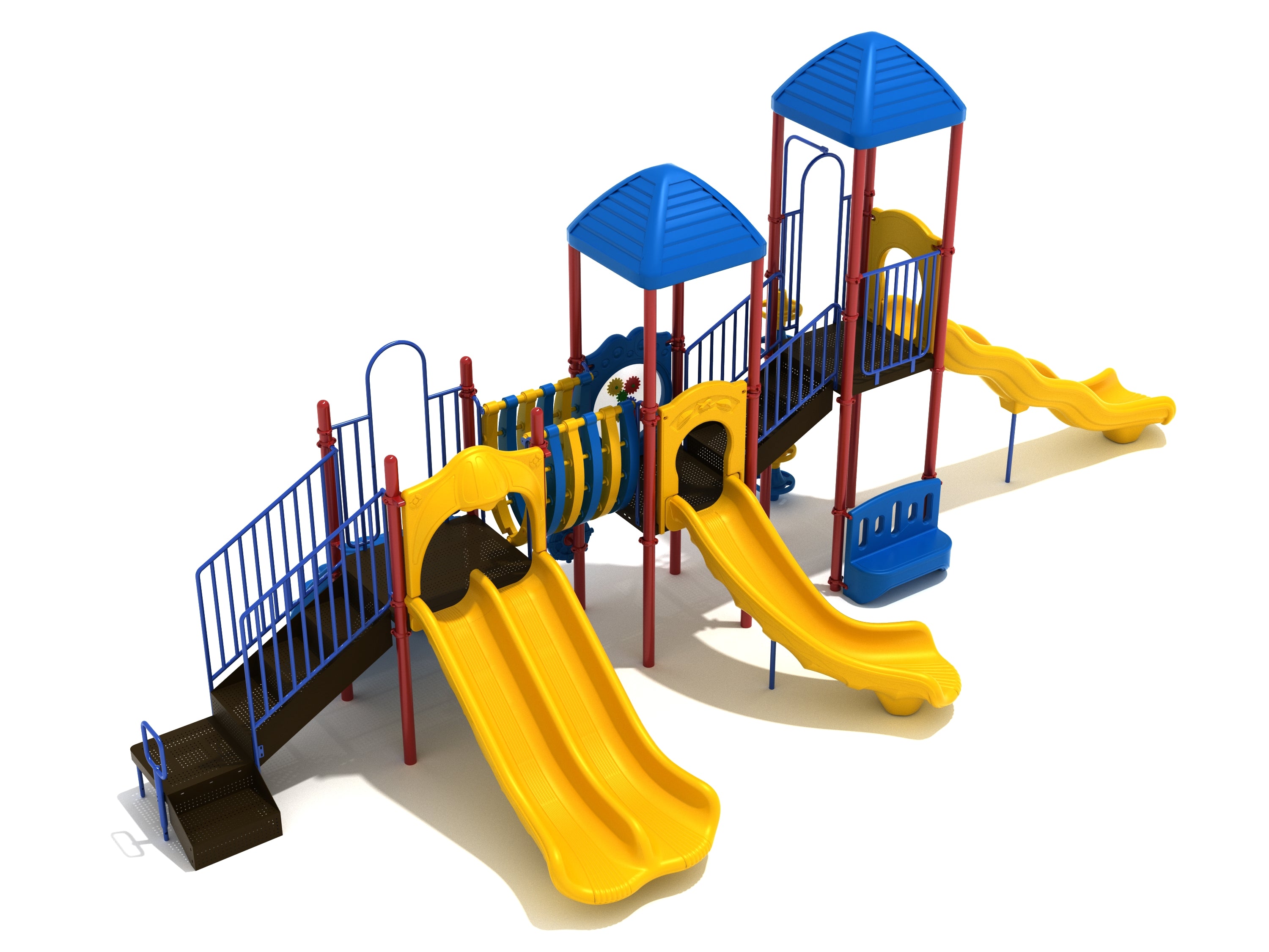 Ladera Heights Playground with two blue-roof towers, three yellow slides (double, wave, left turn), tunnel, stairs, and bench in primary colors