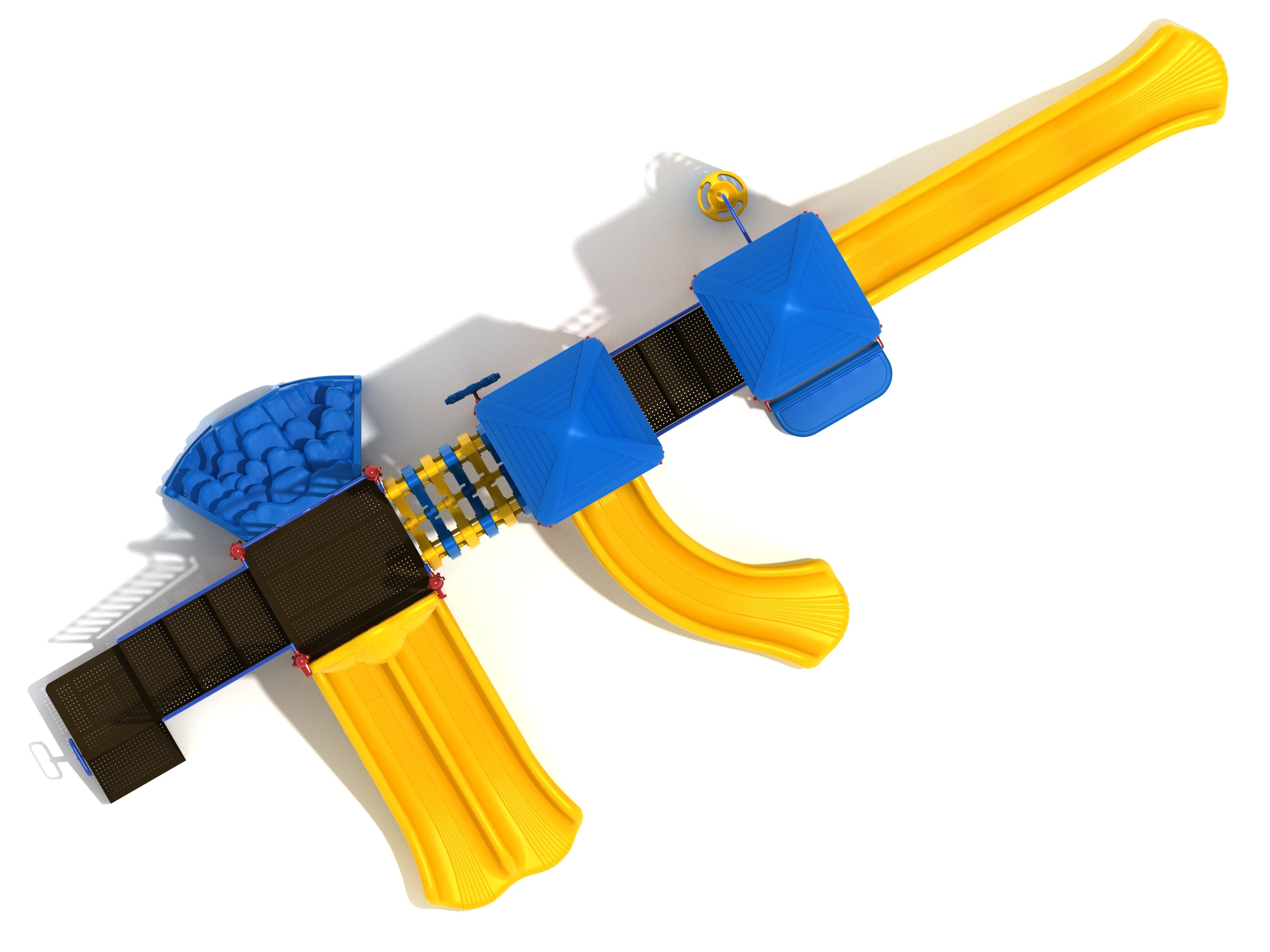 Overhead view of a large playground structure with blue roofs, yellow slides, climbing features, and black platforms