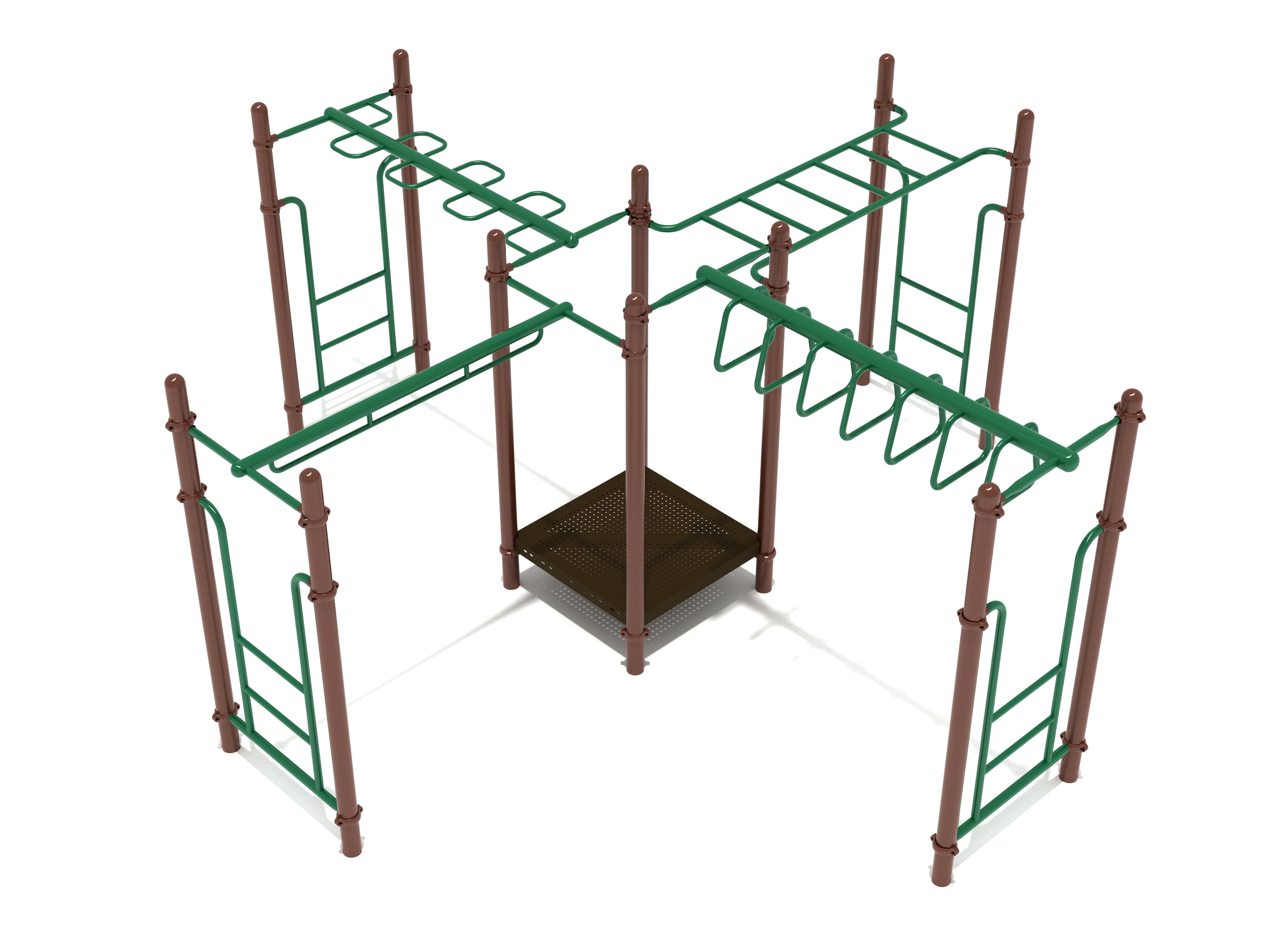 Brown and green playground climbing structure with multiple overhead ladders and platforms for agility and strength development