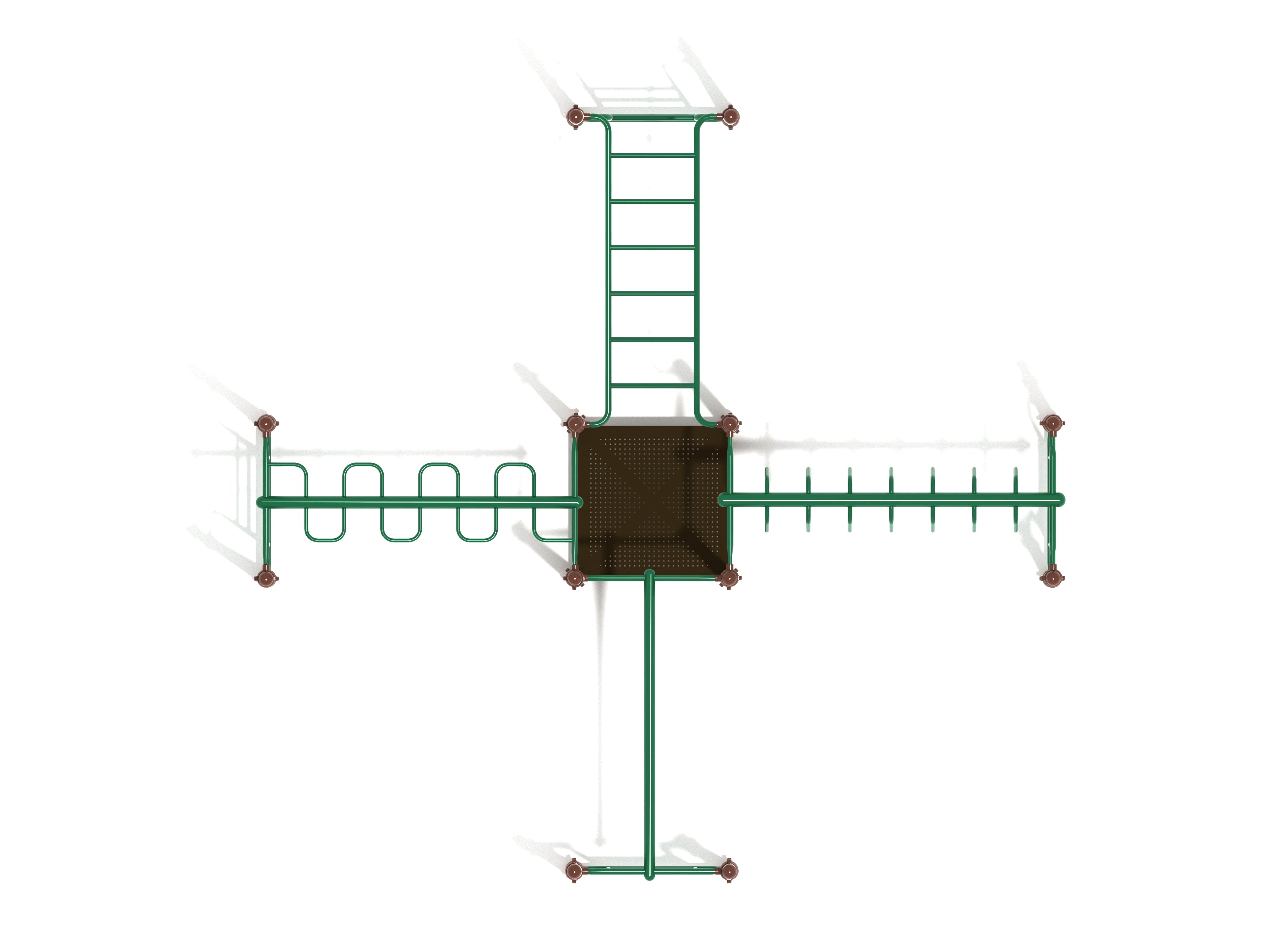 Overhead view of green metal playground climber with horizontal ladder, snake ladder, rung ladder, and parallel bar