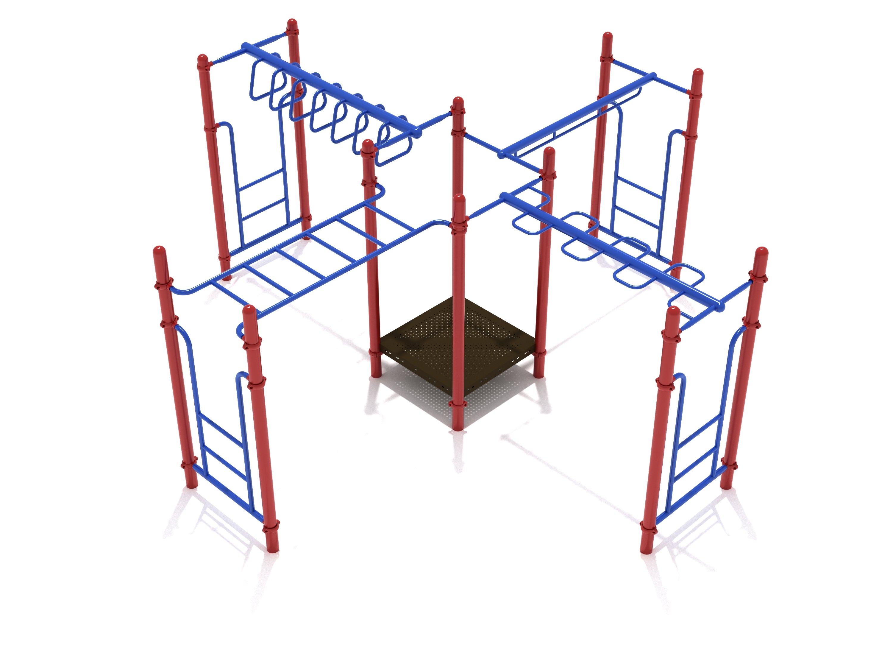 Overhead view of Waverly Woods Playground with red vertical posts and blue overhead climbing bars including ladders and parallel bars