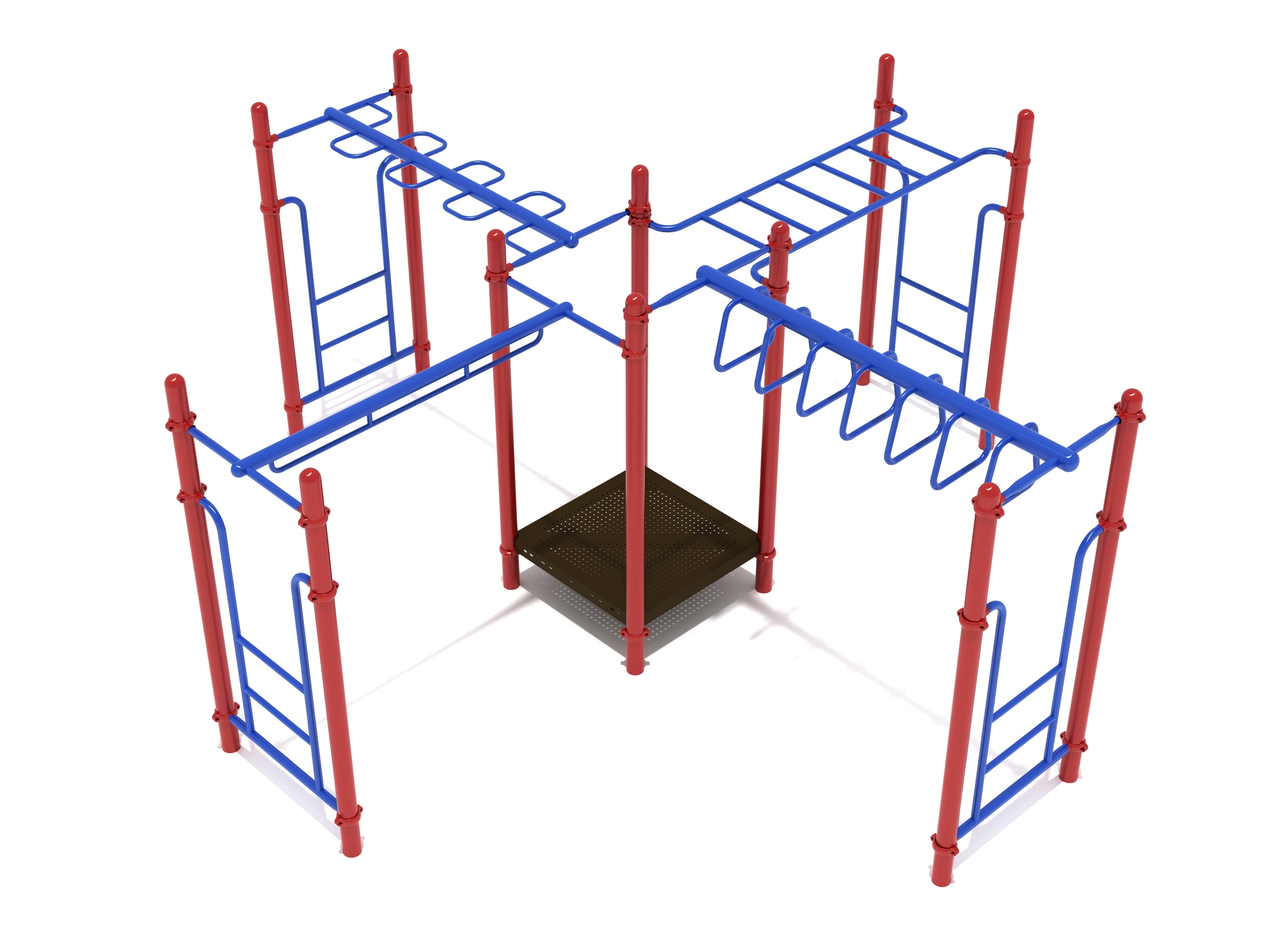 Red and blue outdoor playground climbing structure with multiple overhead ladders and central platform for active play