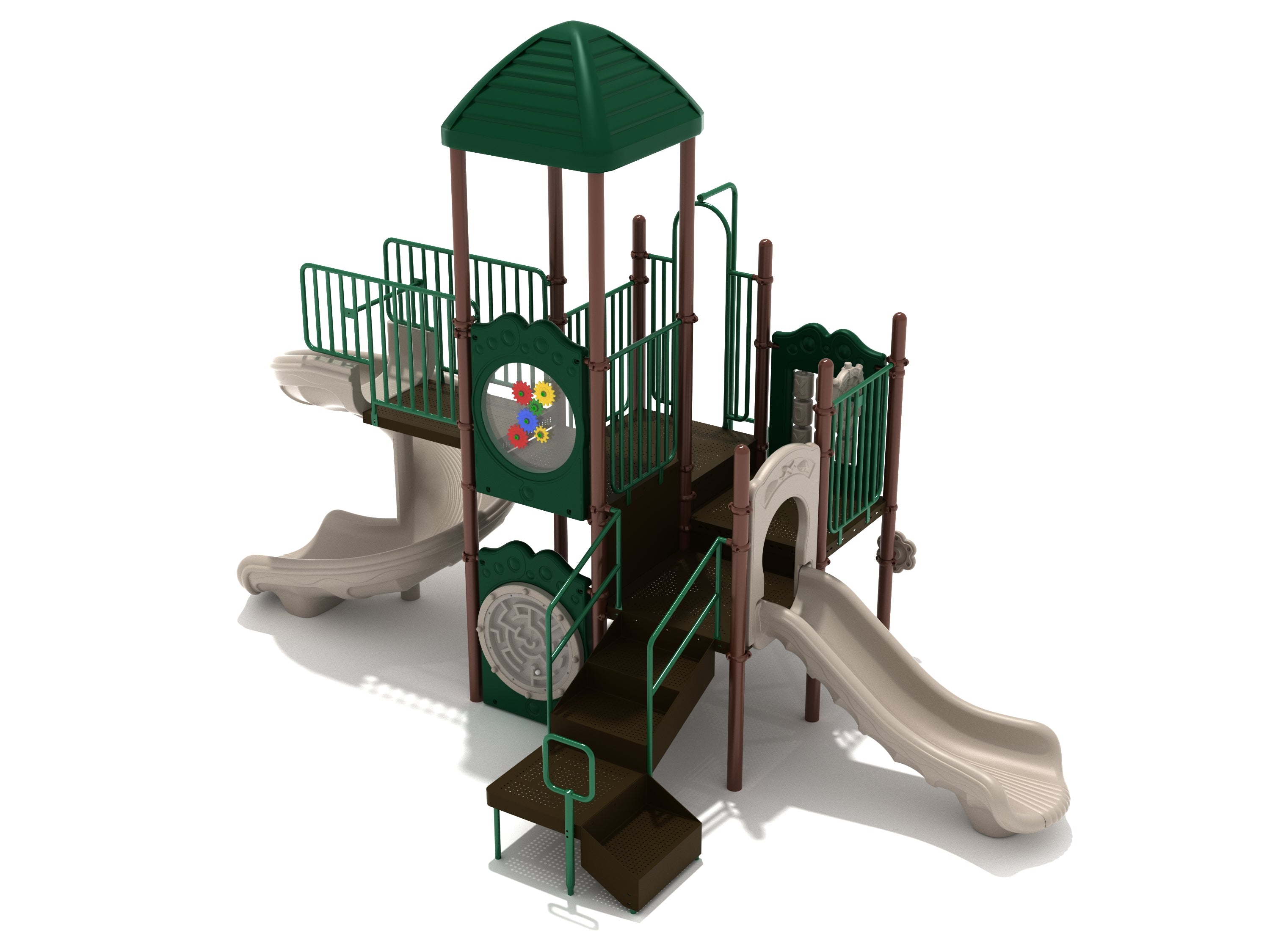 Hoosier Nest Playground with green roof, spiral and straight beige slides, brown steps, and interactive activity panels