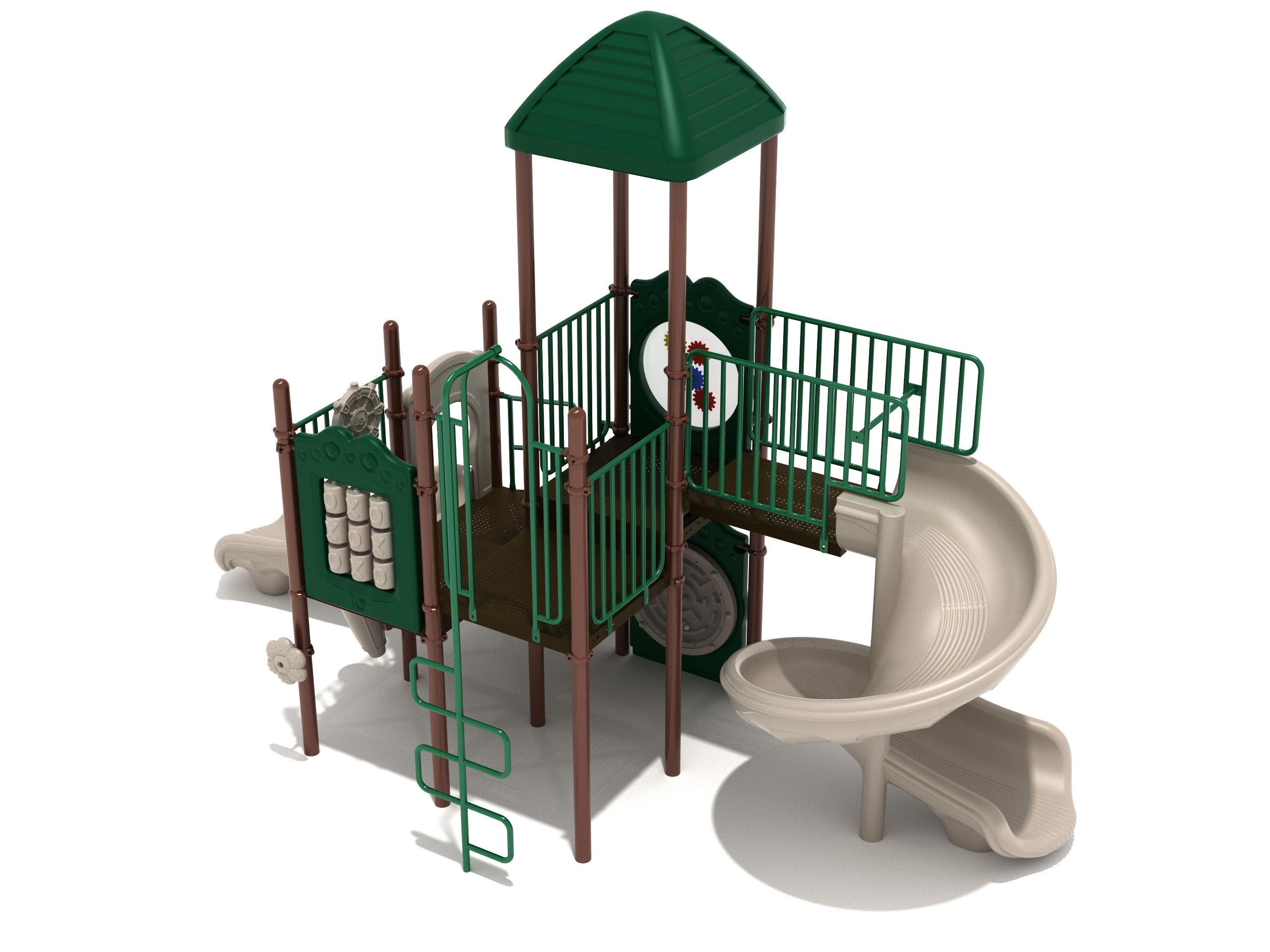 Neutral-toned playground with spiral and straight slides, gear, tic-tac-toe, and ball maze activity panels