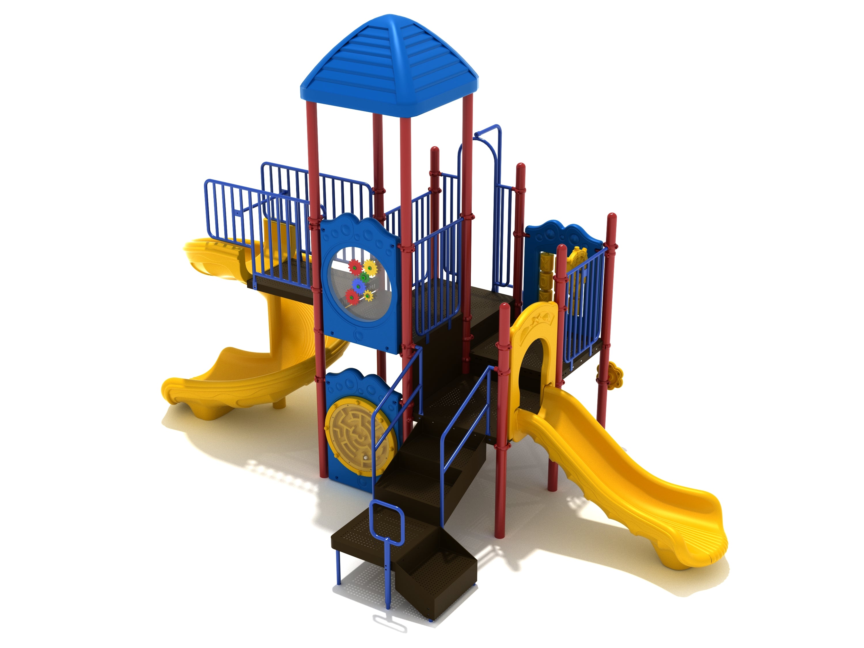 Colorful playground structure with spiral and straight yellow slides, blue roof, red supports, and interactive activity panels