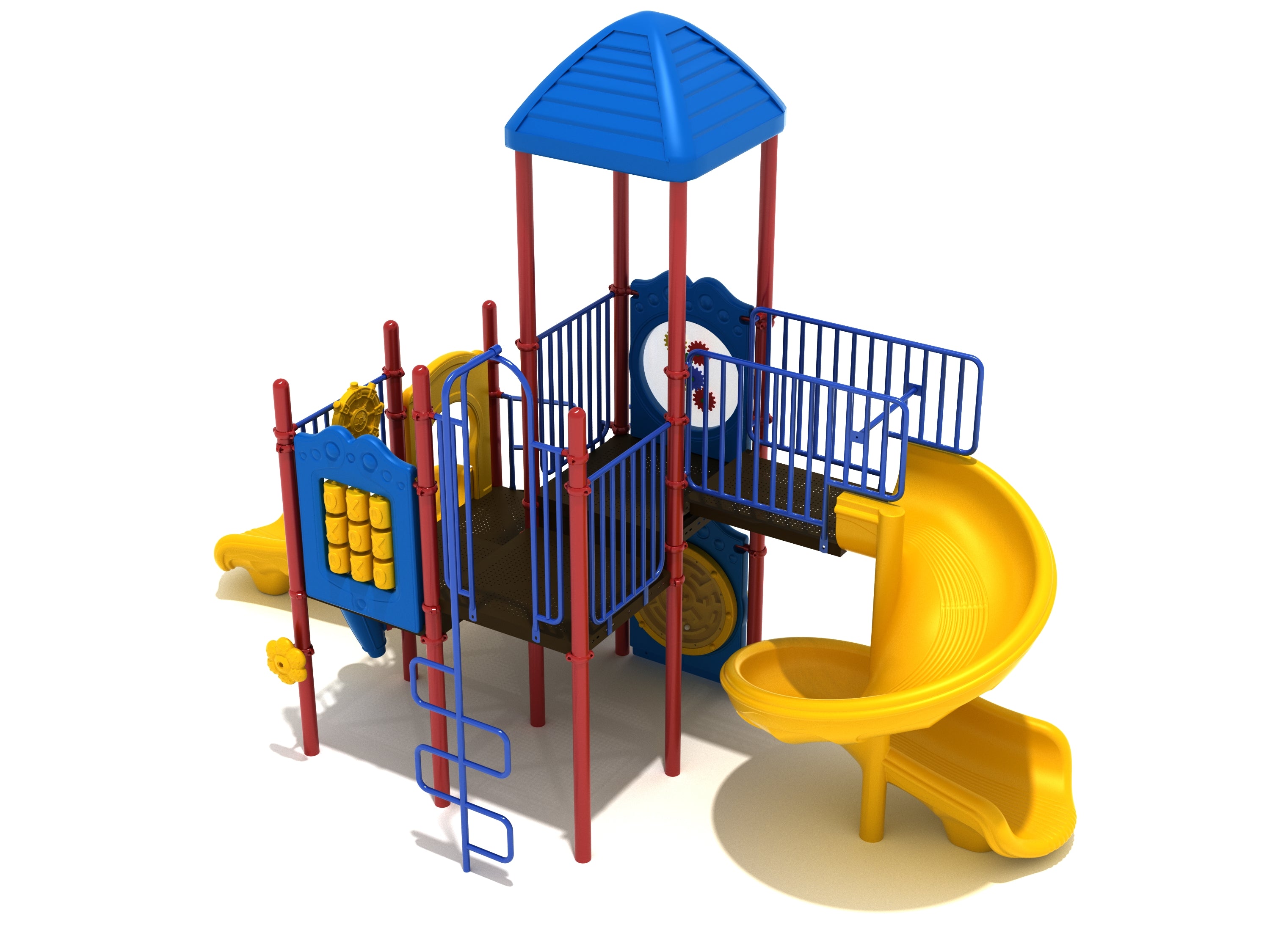 Colorful playground structure with spiral and straight yellow slides, blue activity panels including gear, tic-tac-toe, and ball maze, red support poles