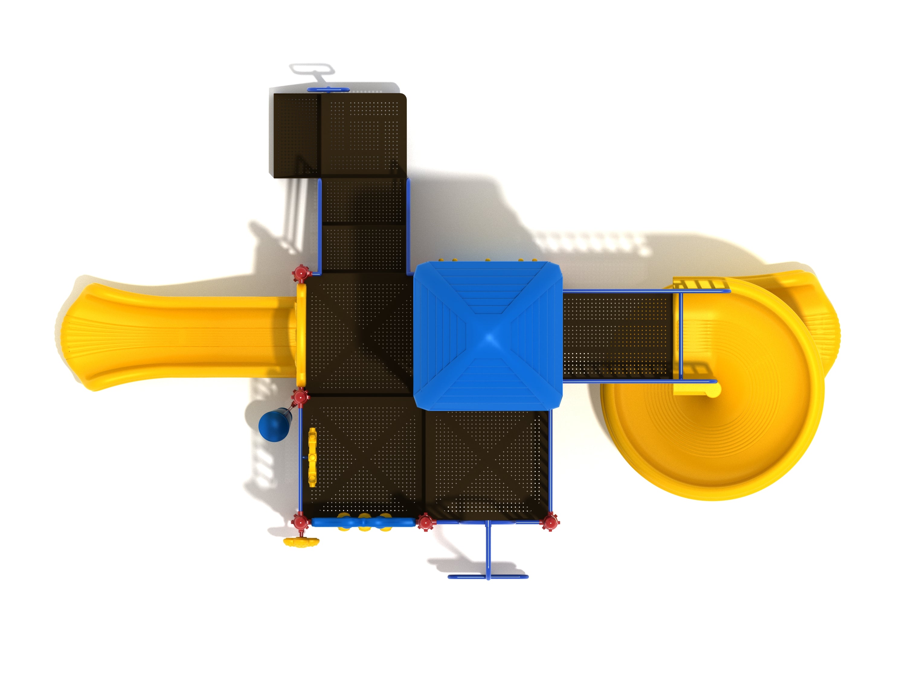 Overhead view of playground structure with blue roof, yellow spiral and straight slides, and multiple activity panels including gear, tic-tac-toe, and ball maze.