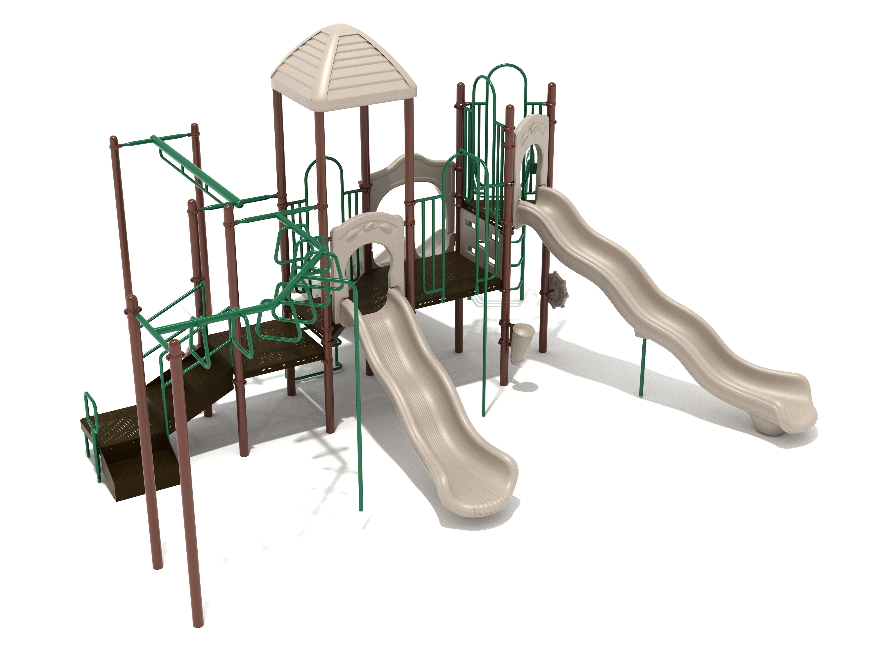 Outdoor playground structure with two beige slides, climbing ladders, overhead bars, and a small roofed platform