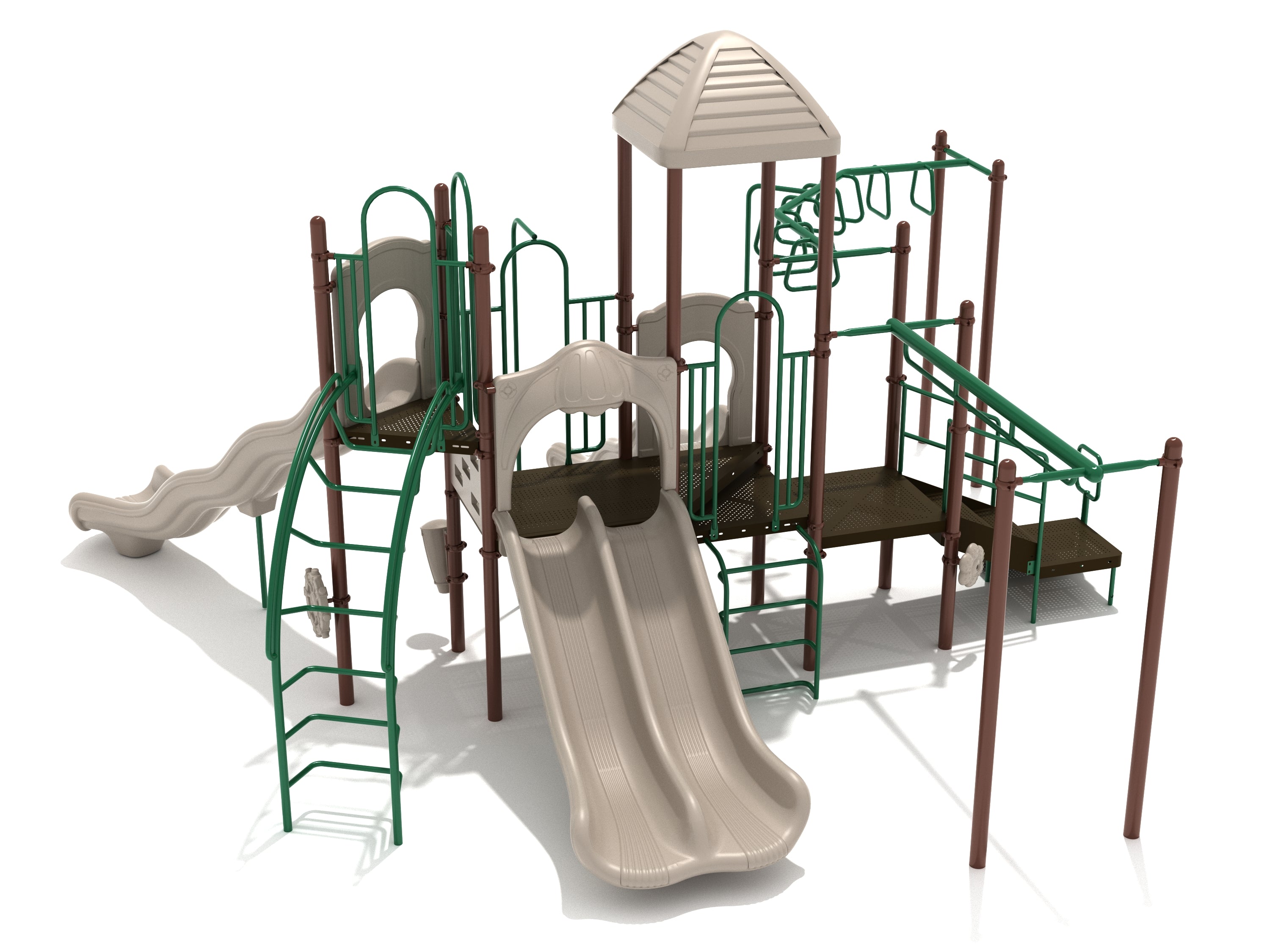 Neutral-toned playground structure with dual slides, climbing ladders, overhead bars, and a small roofed platform