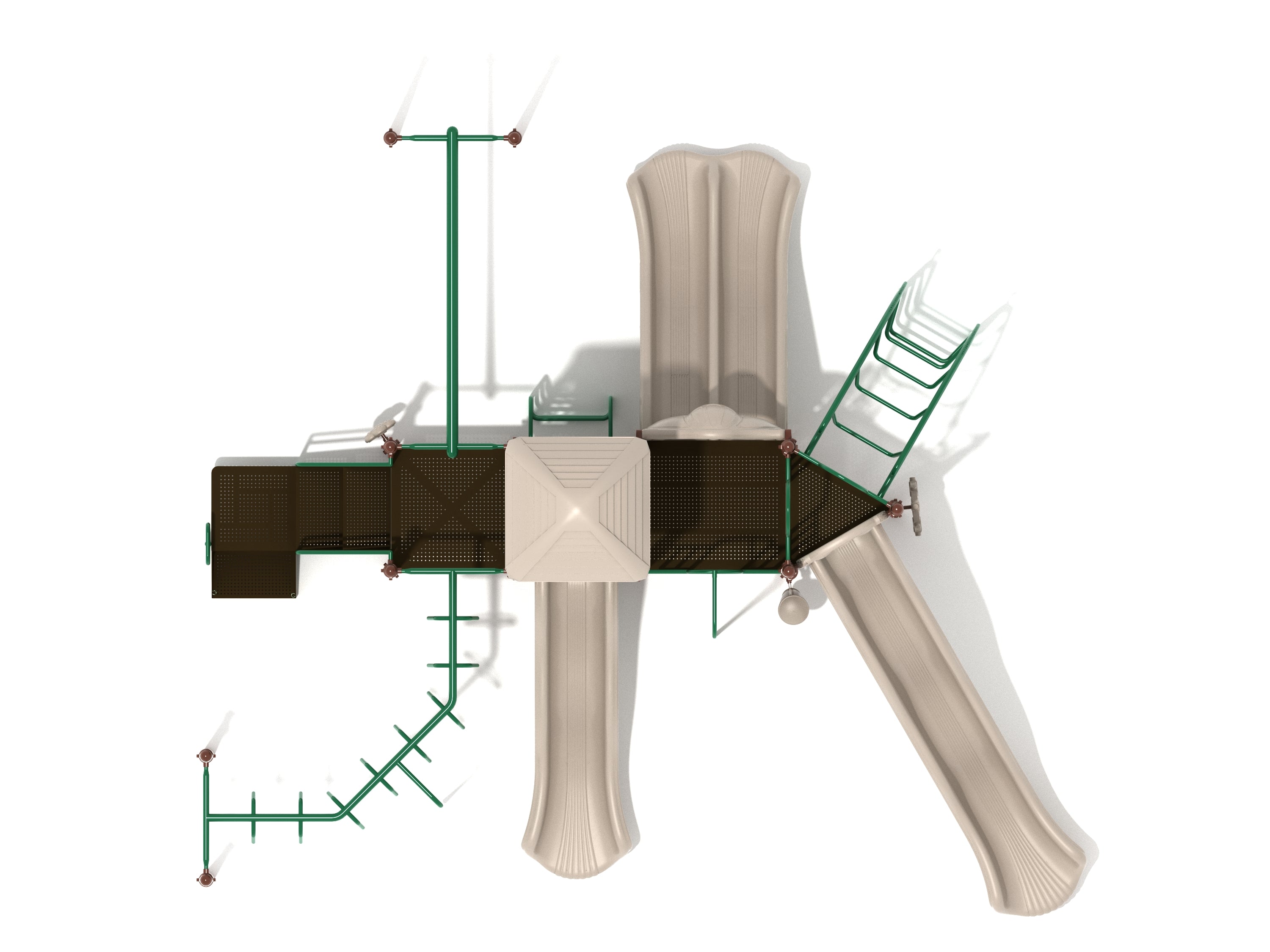 Overhead view of large playground structure with multiple slides, climbing ladders, activity panels, and interactive play elements in green and neutral tones