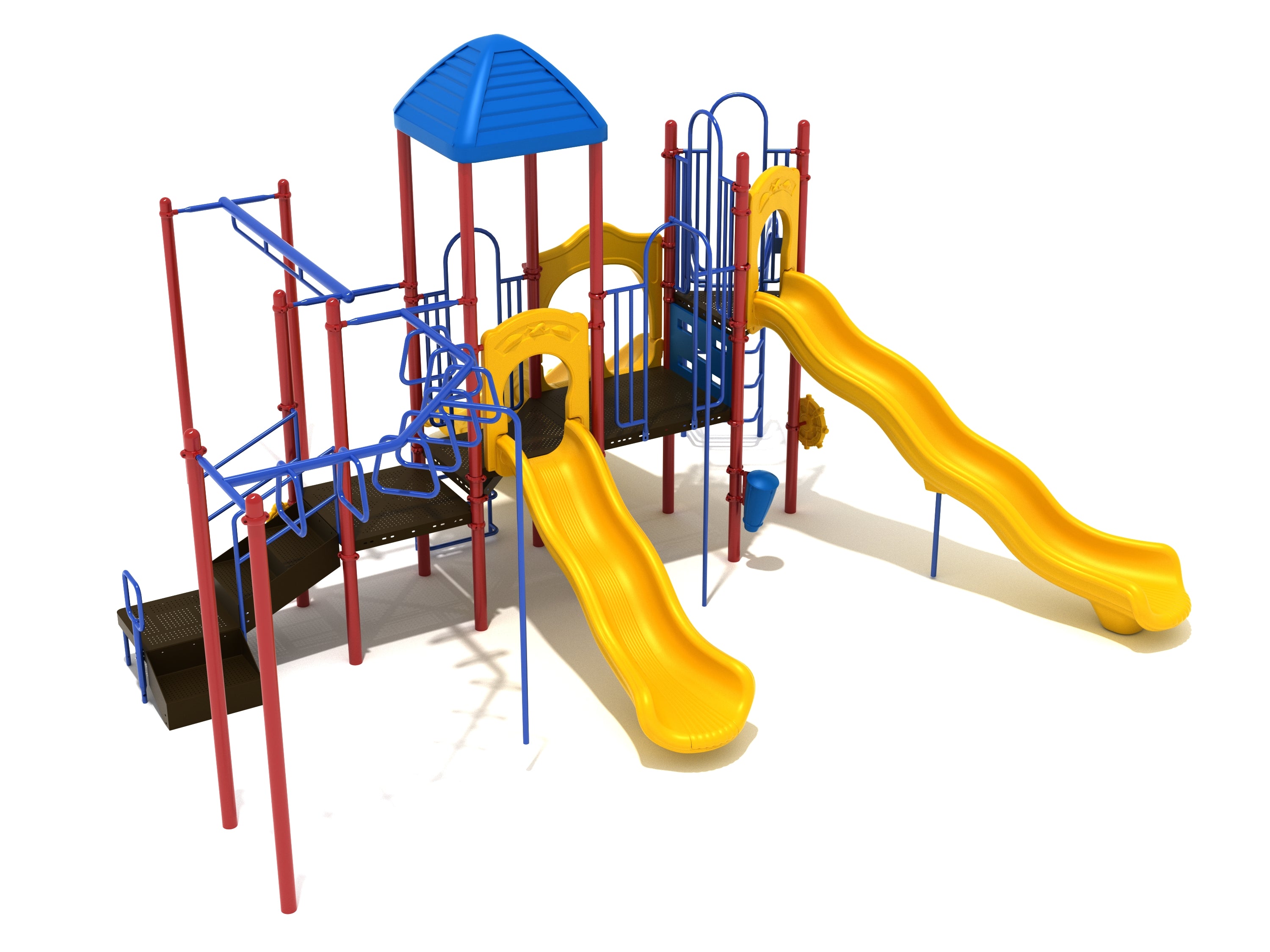 Colorful playground structure with two yellow slides, blue climbing bars, red support poles, and a blue roof