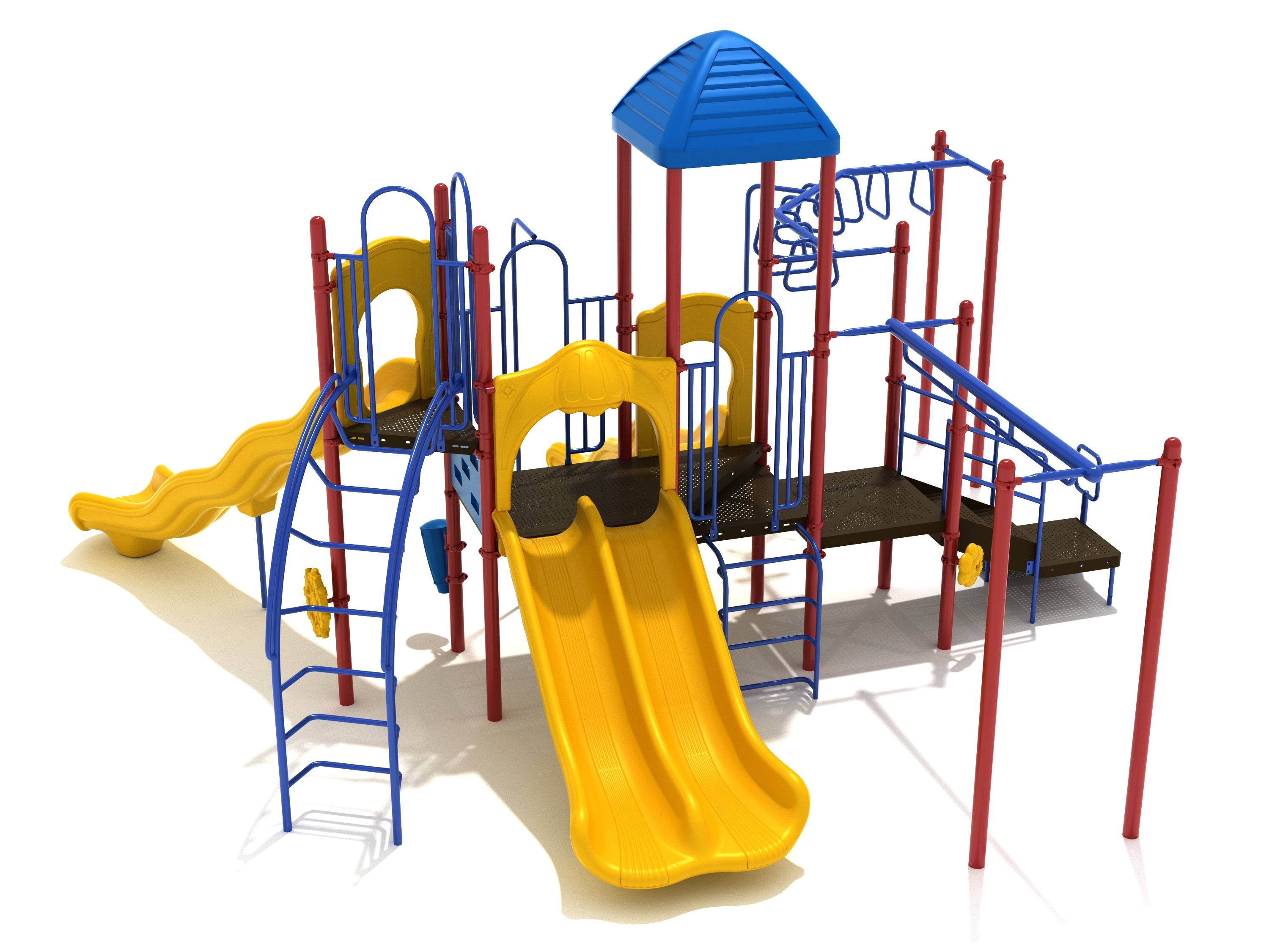 Imperial Springs Play System with yellow double slide, wave slide, blue and red climbing structures, overhead ladders, and play panels