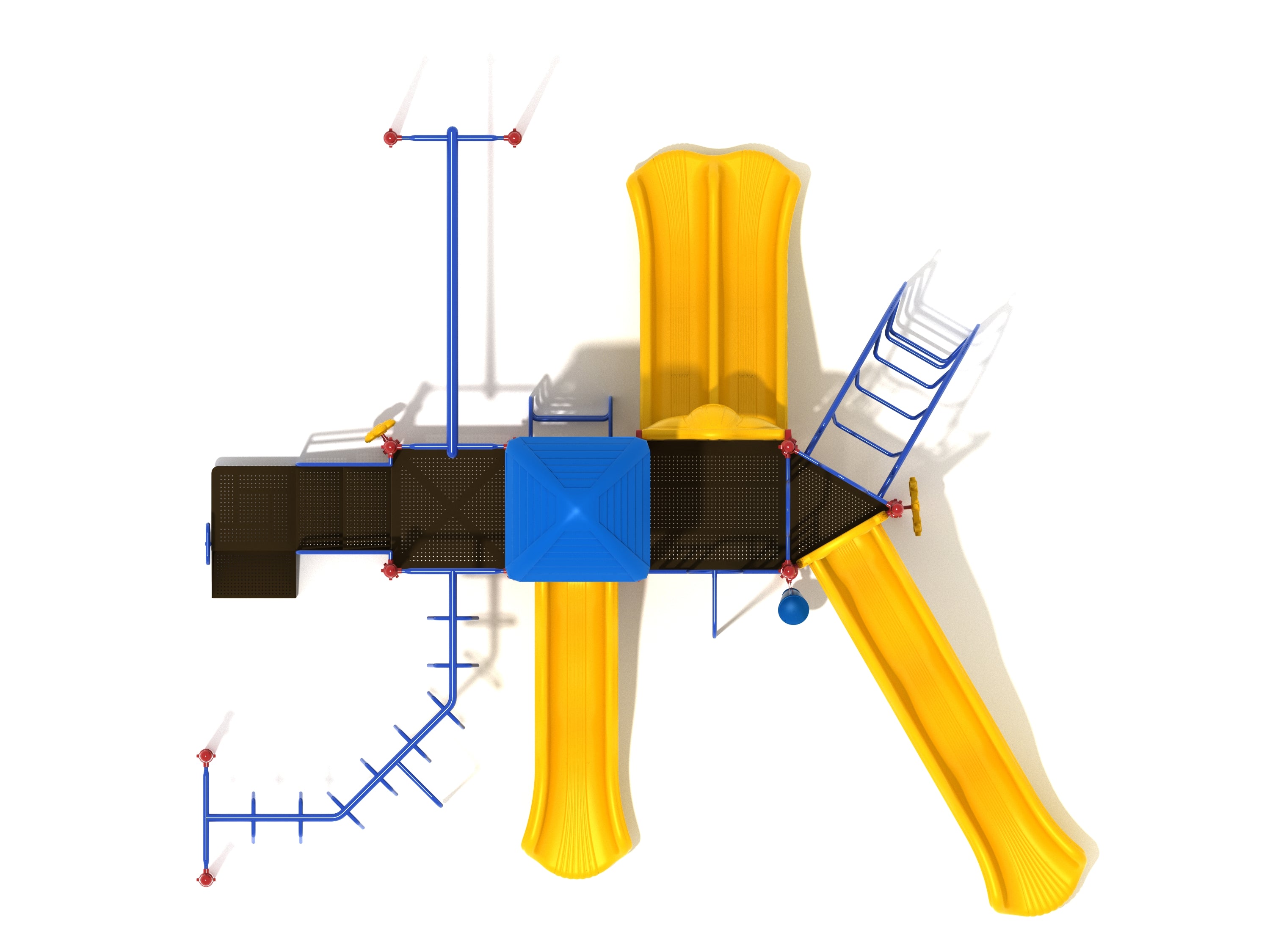 Overhead view of colorful playground with multiple slides, climbing ladders, overhead climbers, activity panels, and play features