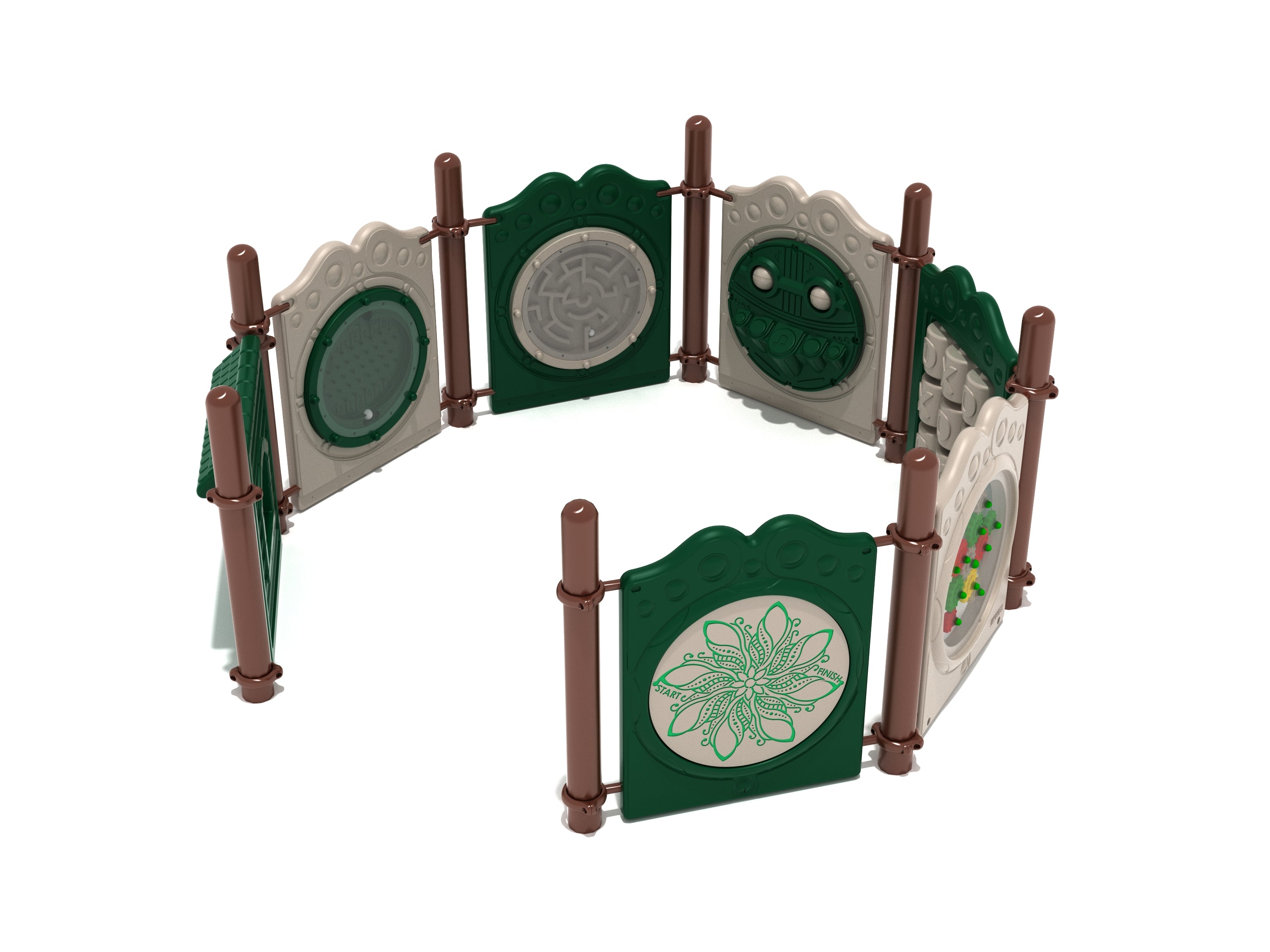 Camp Walden Playground with seven green and beige interactive panels featuring mazes, games, sensory play, and two-sided activities