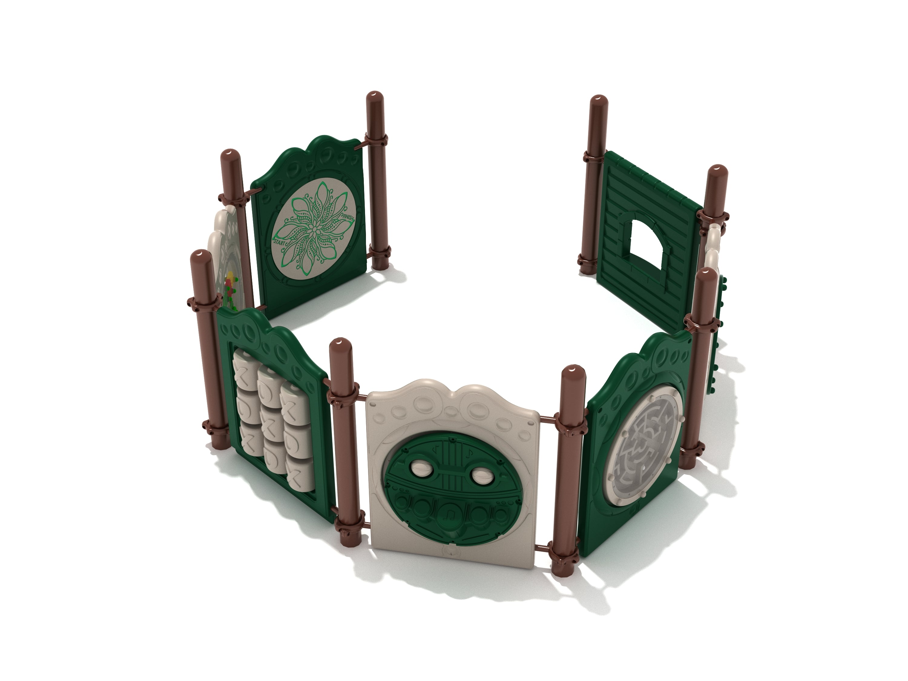 Hexagonal playground corral with green and beige activity panels featuring tic-tac-toe, mazes, gears, and interactive games.