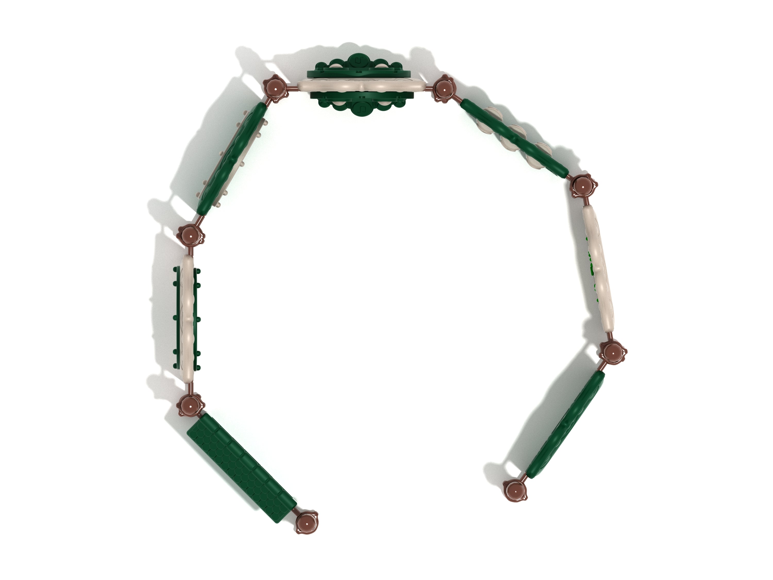 Overhead view of circular playground corral with green and beige interactive activity panels including games, mazes, gears, and percussion elements