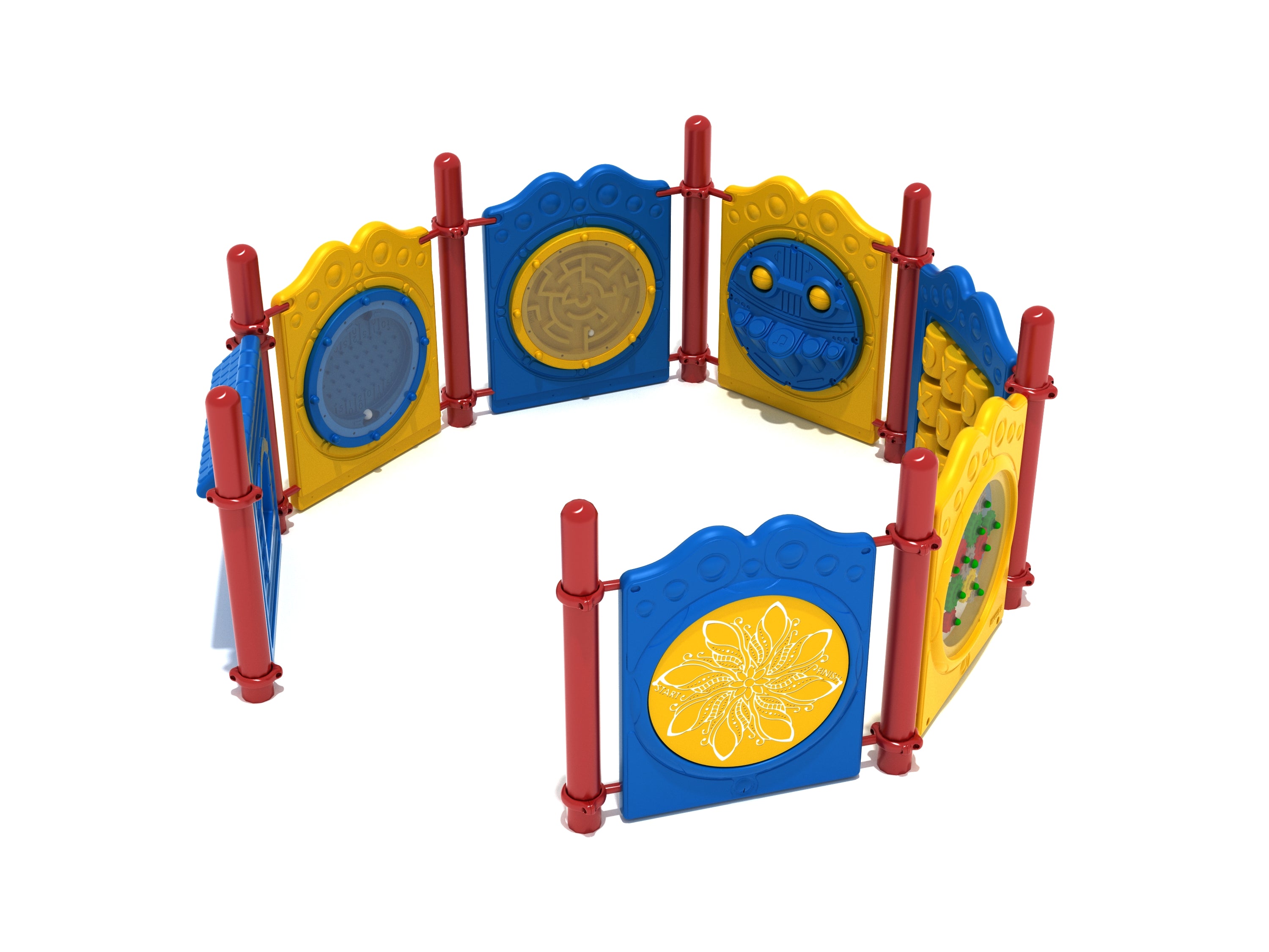 Colorful octagonal playground activity panels with games, mazes, and percussion, supported by red posts