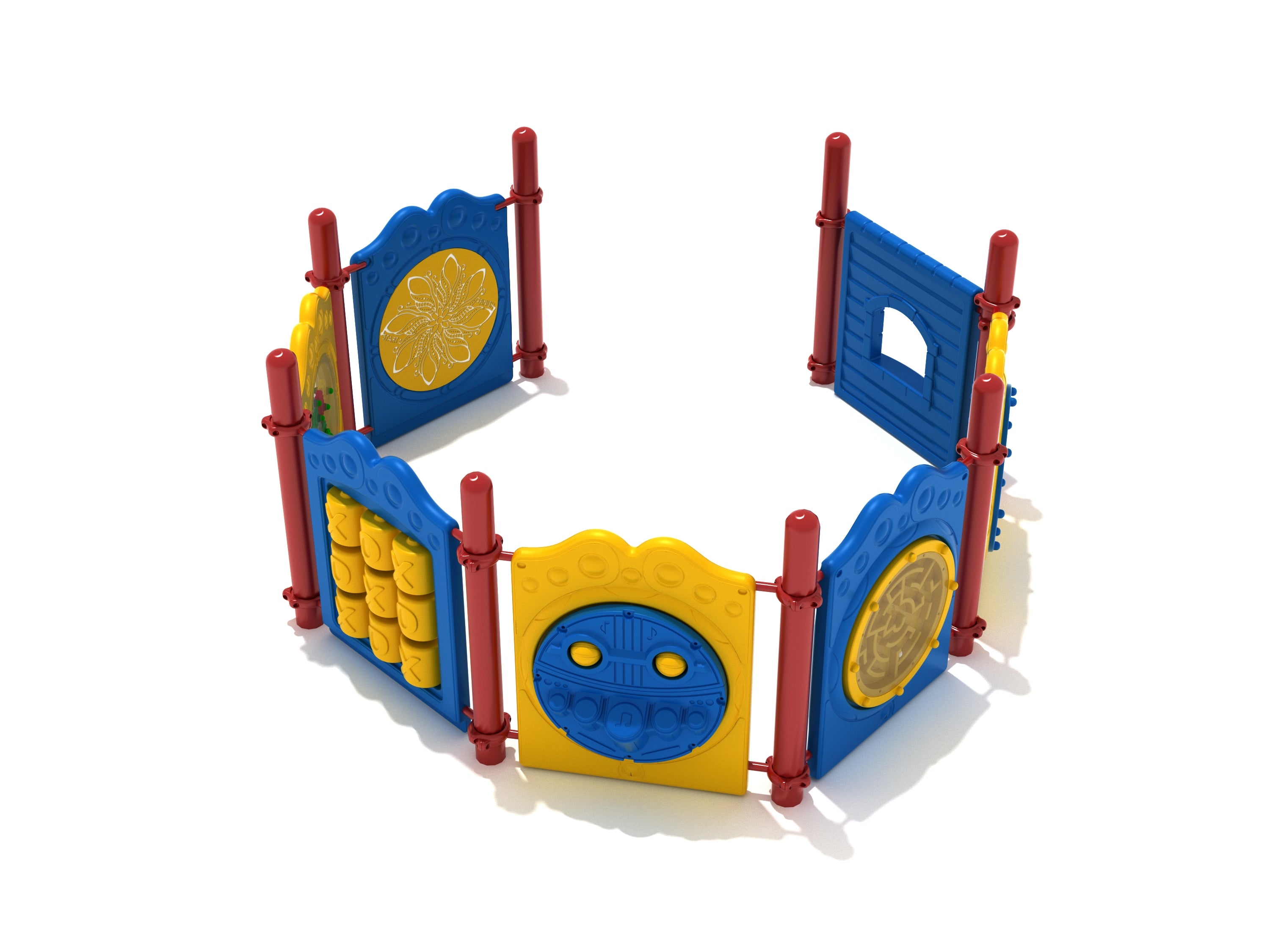 Colorful playground corral with interactive panels including tic-tac-toe, maze, percussion, gear, and store games for diverse play.