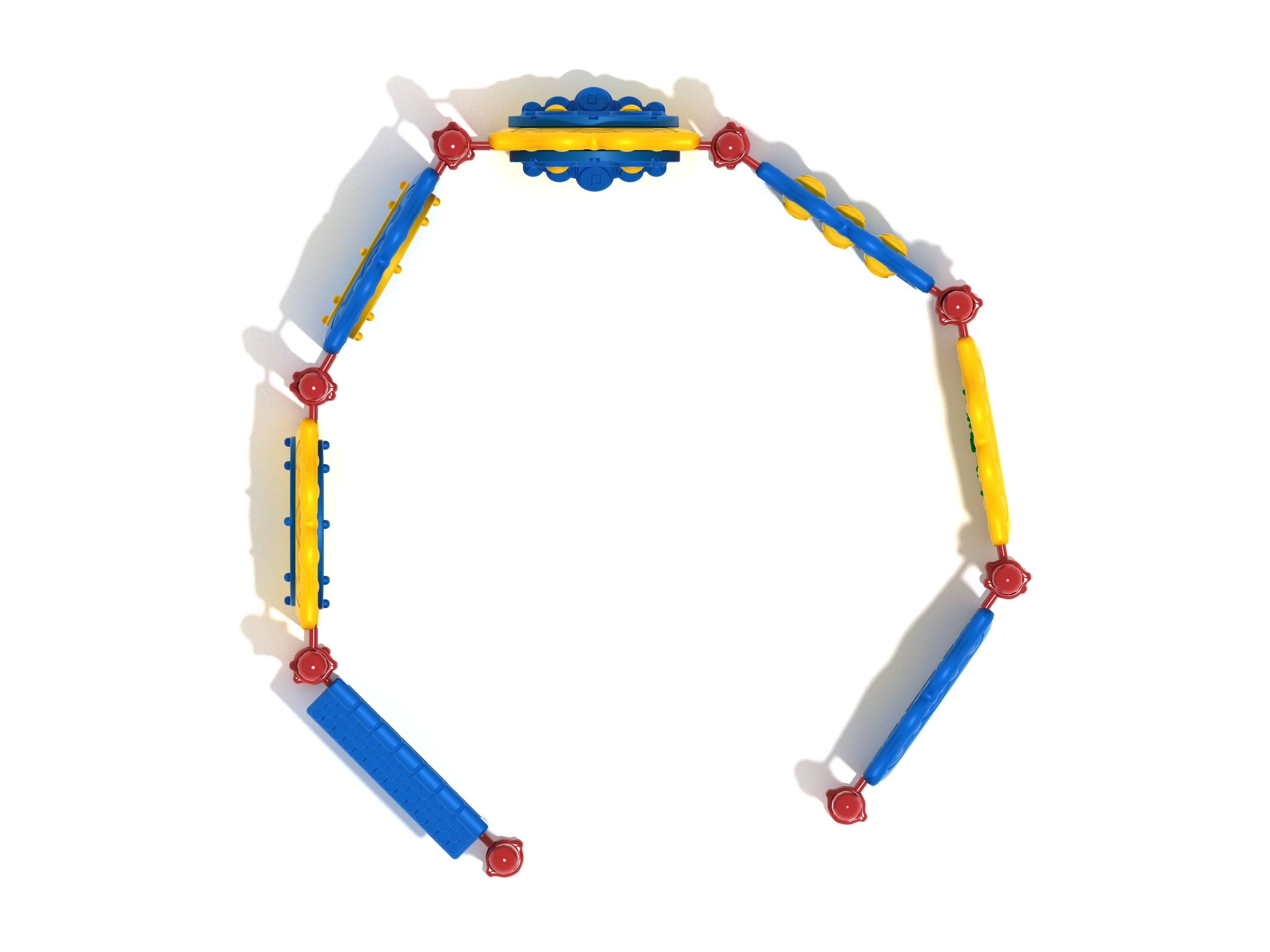 Overhead view of colorful circular modular playground panel set with interactive games, mazes, gears, and percussion elements