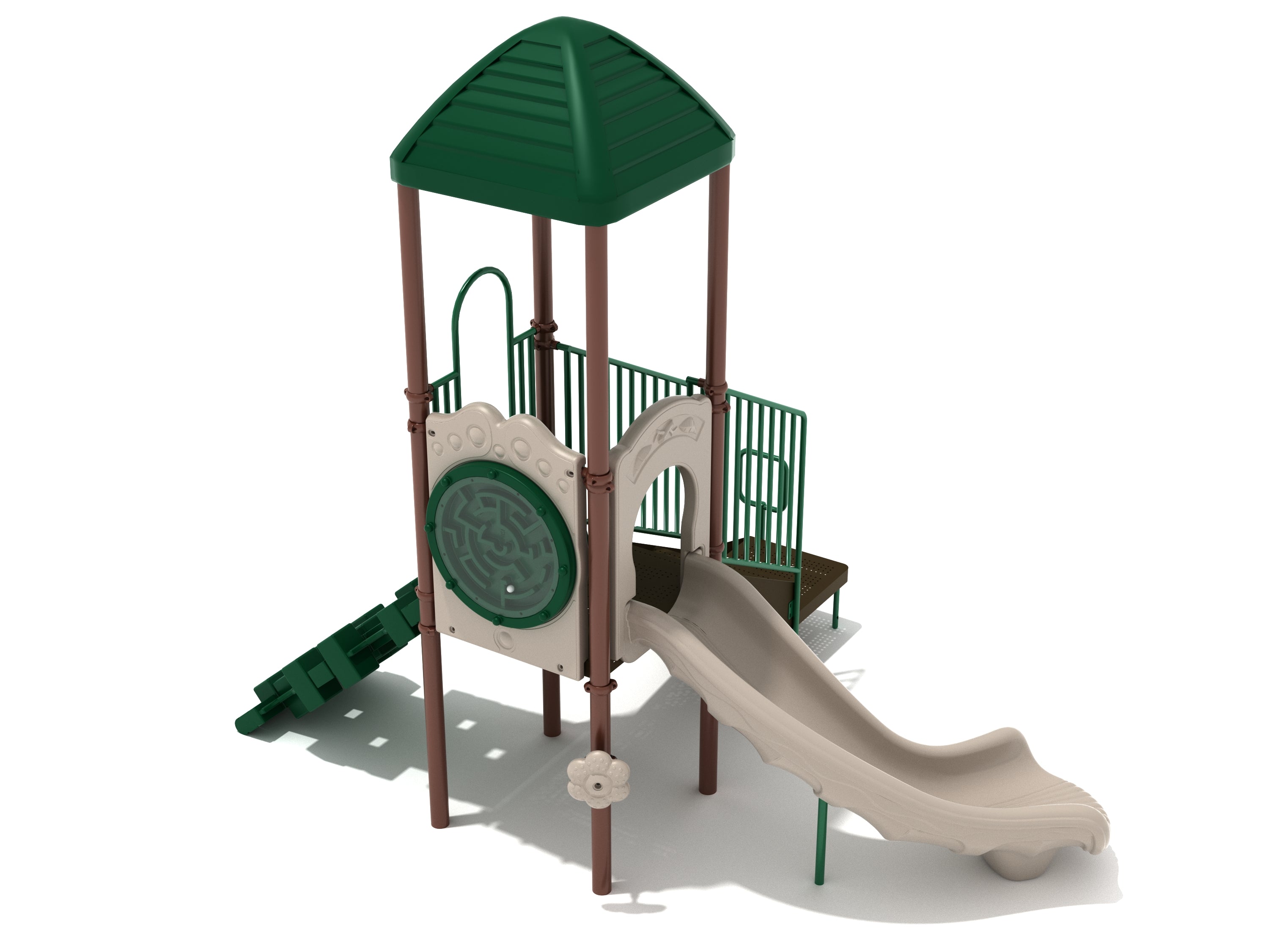 Eagles Perch Playground with green roof, beige left-turn slide, cube-shaped Pixel Climber, ball maze panel, transfer station stairs, and rain wheel