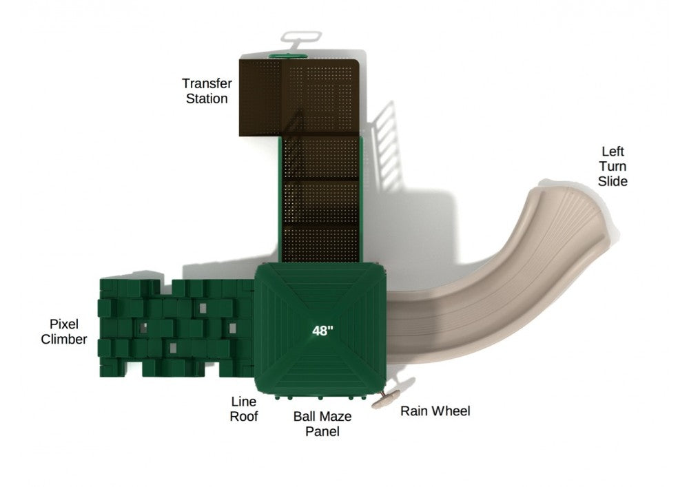 Overhead view of playground with left turn slide, pixel climber, transfer station, ball maze panel, rain wheel, and shaded roof