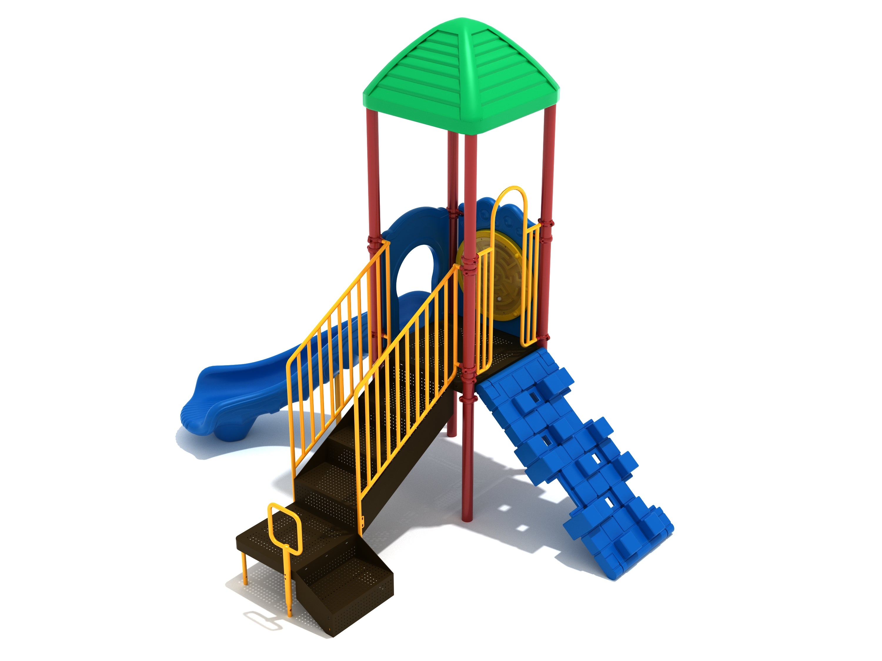 Colorful playground structure with green roof, blue slide, cube climber, yellow railings, and black stairs