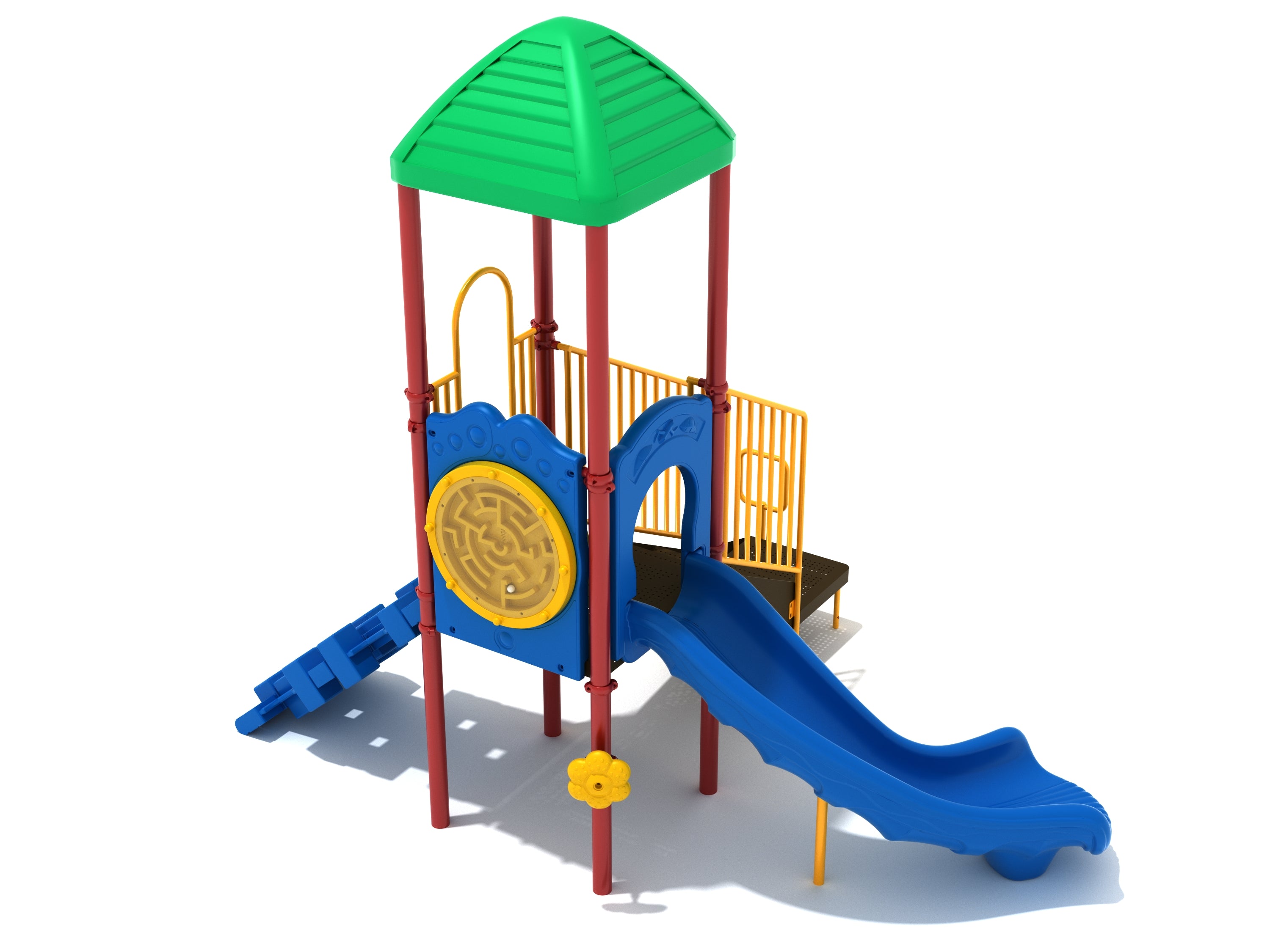 Colorful playground structure with green roof, blue slide, yellow activity panels, red supports, and unique cube-shaped climber