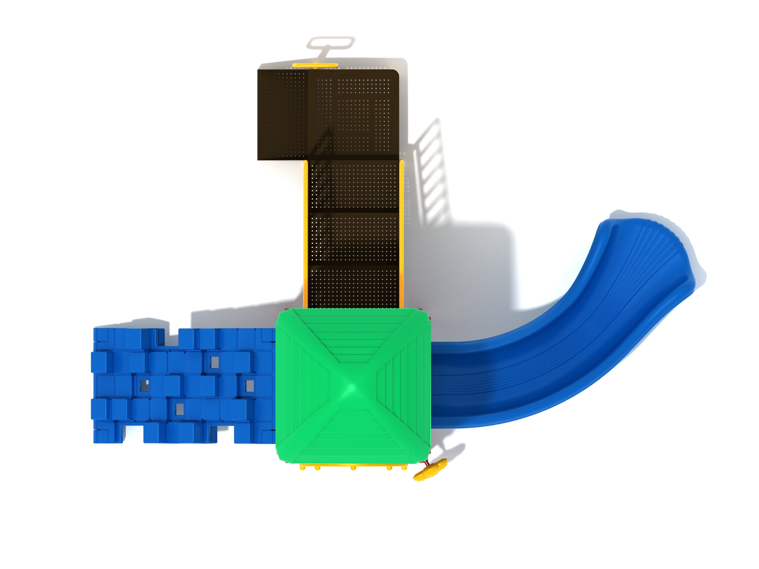 Overhead view of colorful playground with green roof, blue cube climber, black platform, and curved blue slide