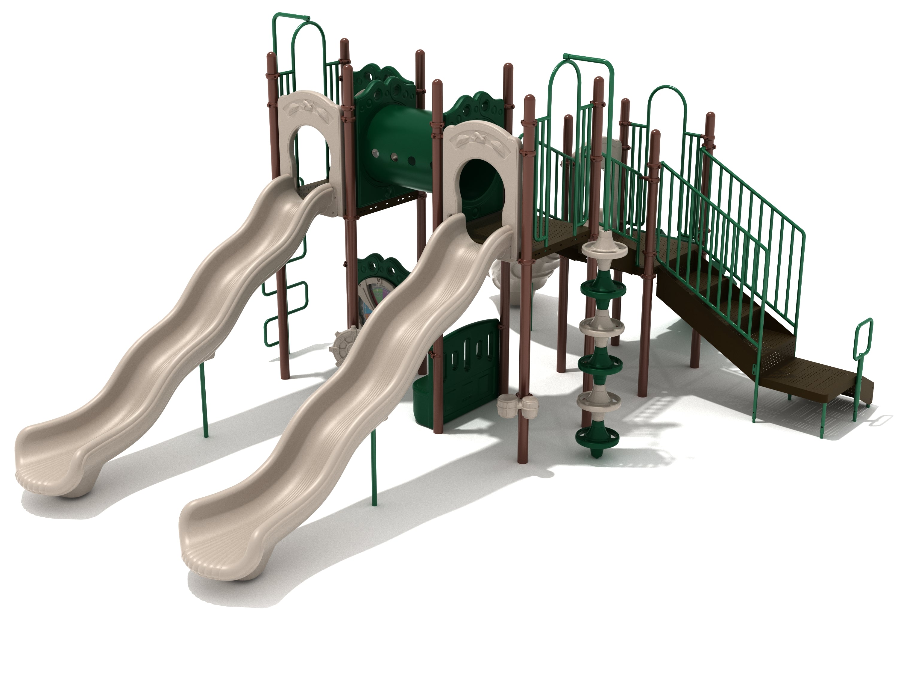 Keystone Crossing Play System in neutral green and beige with twin wave slides, tube bridge, stairs, and climbing features