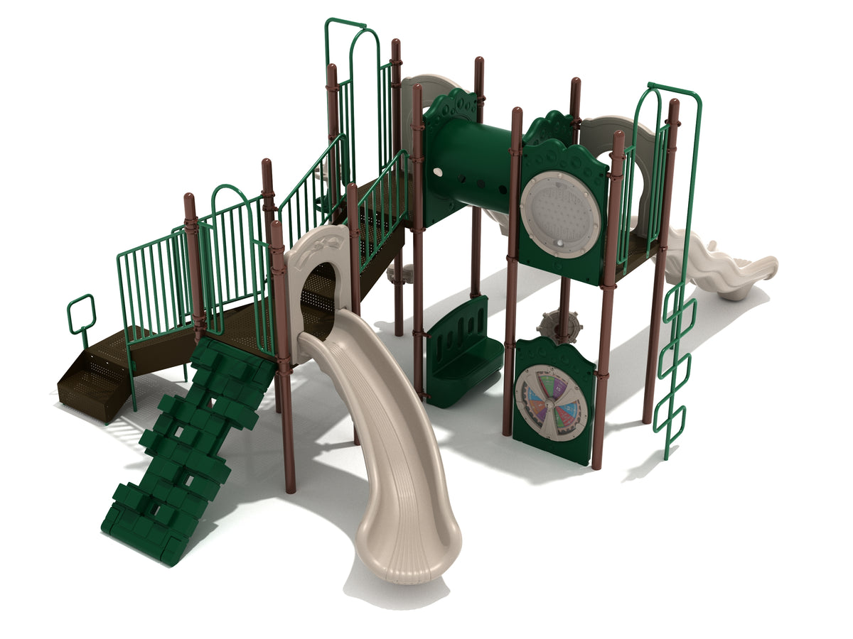 Outdoor playground with twin wave slides, tube bridge, climbing panels, activity wheel, and bench seat in green and beige.