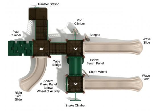 Overhead view of large playground with twin wave slides, tube bridge, pod climber, snake climber, pixel climber, right turn slide, and activity panels