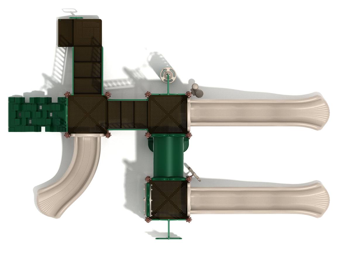 Overhead view of large playground with twin wave slides, tube bridge, multiple climbing elements, and connecting platforms