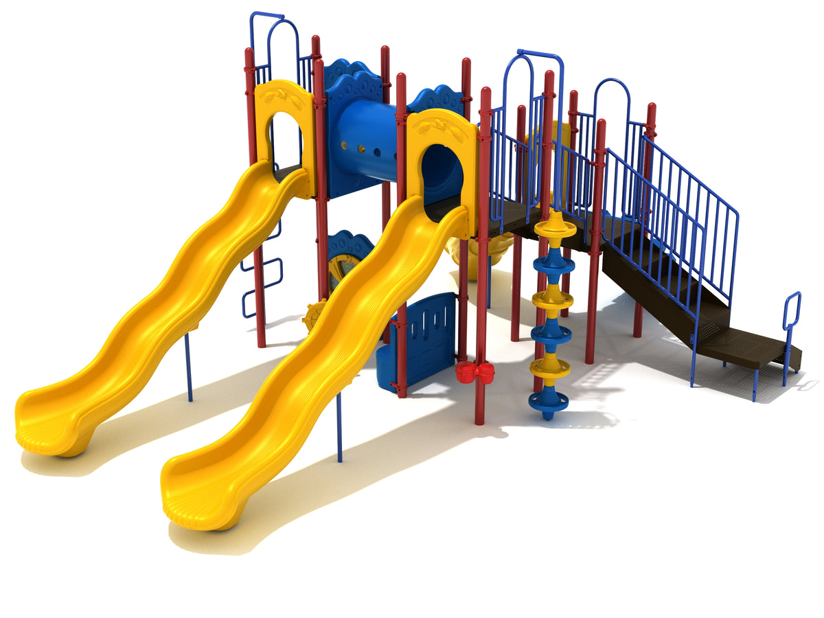 Colorful playground with twin yellow wave slides, tube bridge, climbing elements, and stairs with blue and red accents