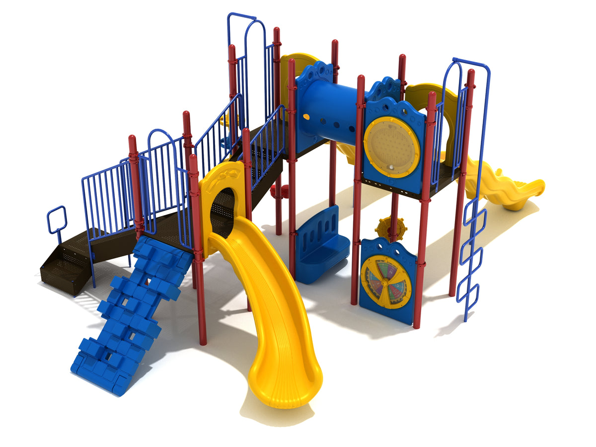 Colorful playground structure with twin yellow wave slides, blue climbers, tube bridge, activity panels, and red support posts