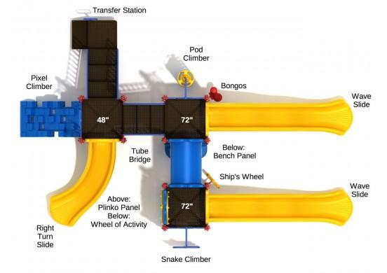 Overhead view of colorful playground with twin yellow wave slides, tube bridge, climbers, and activity panels