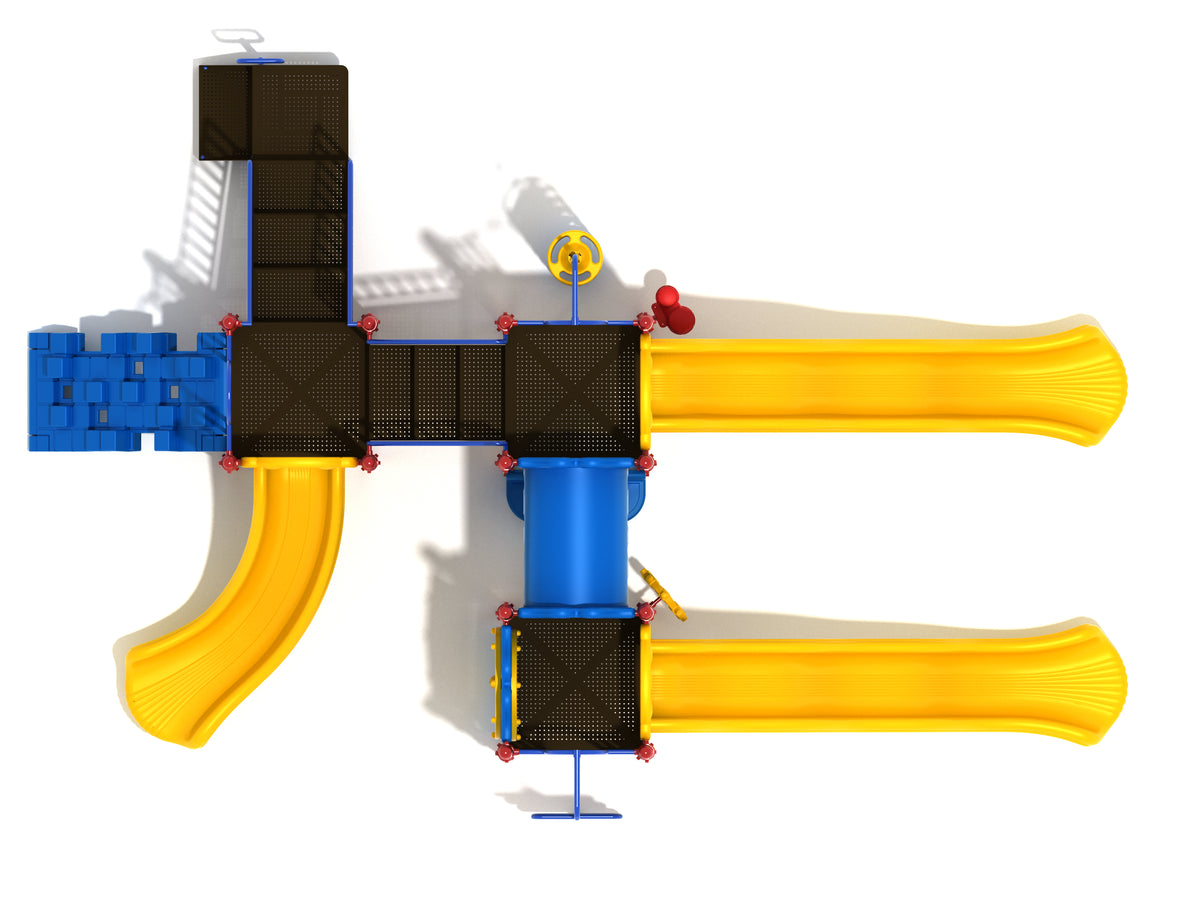 Overhead view of colorful playground with twin yellow wave slides, tube bridge, blue climbers, black platforms, and activity panels