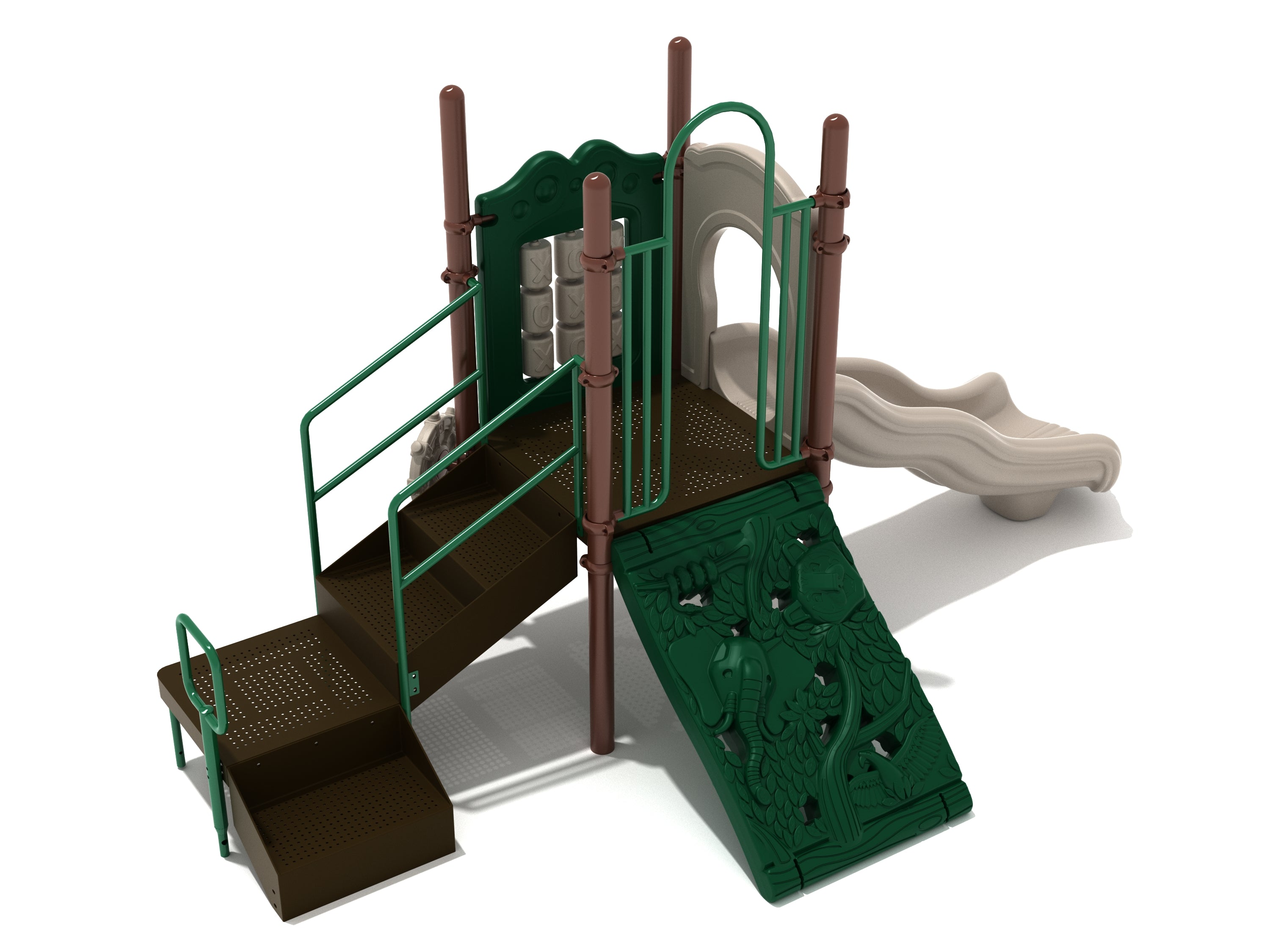 Compact playground with green animal-themed climbing panel, beige wavy slide, brown stairs, and interactive tic-tac-toe panel